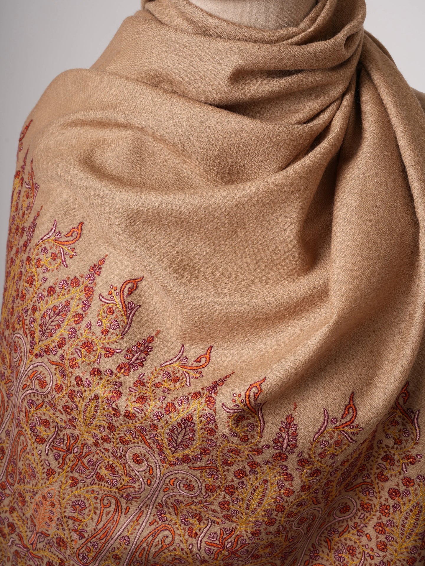 Handwoven Beige Pashmina Shawl with Delicate Palla Motifs Shahkaar