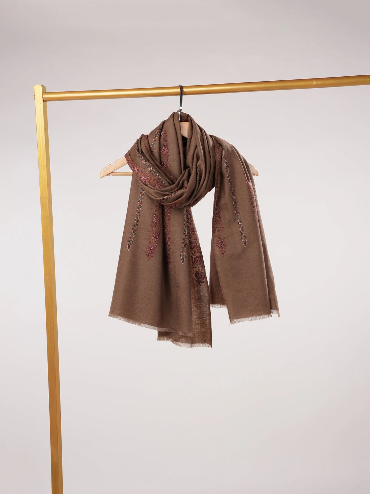 Kashmiri Dark Taupe Handwoven Pashmina Shawl with Hand Khatrass Embroidery Shahkaar.com