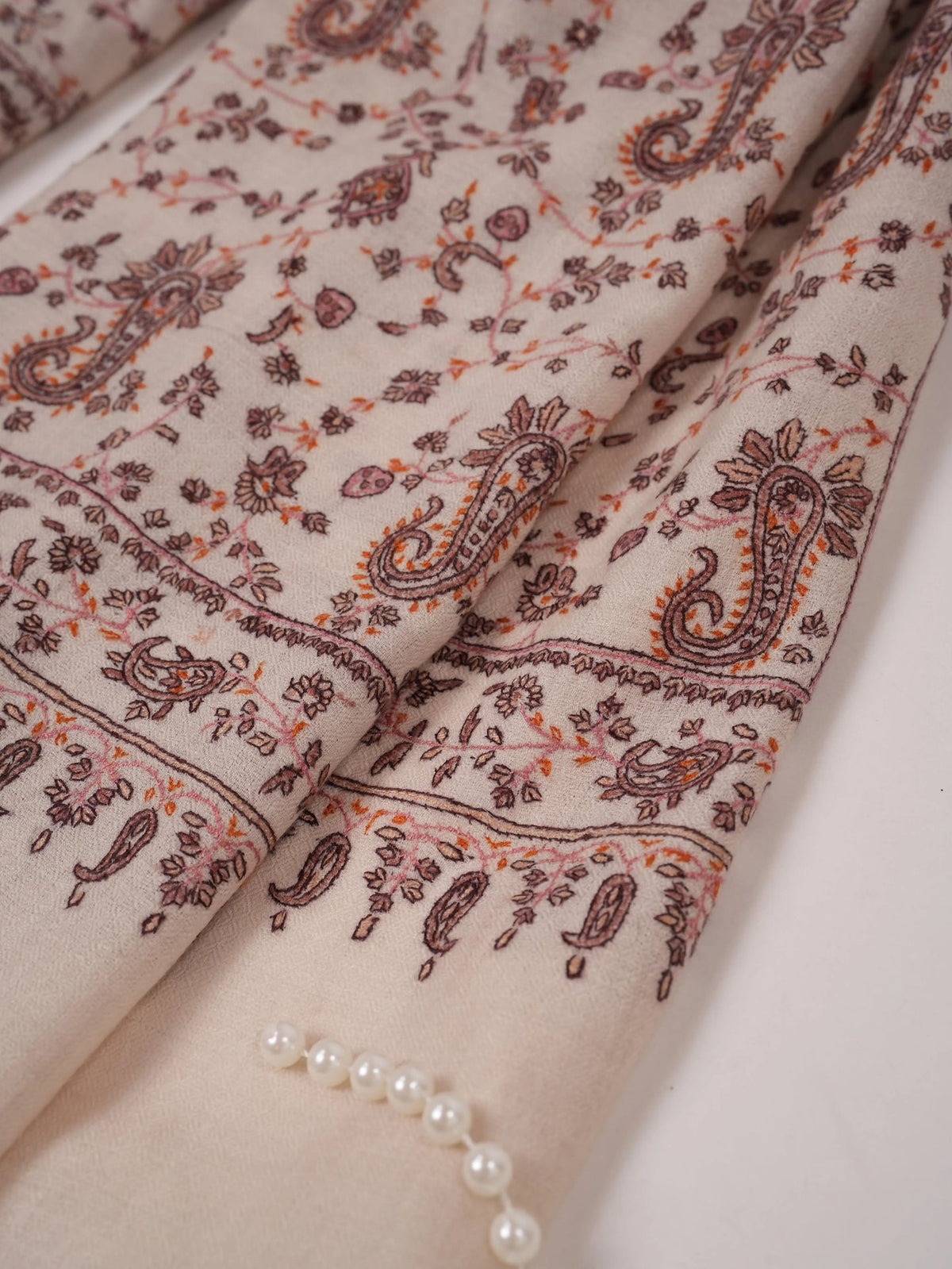 Kashmiri Handwoven Natural White Pashmina Shawl with Paisley Jali Embroidery Shahkaar.com