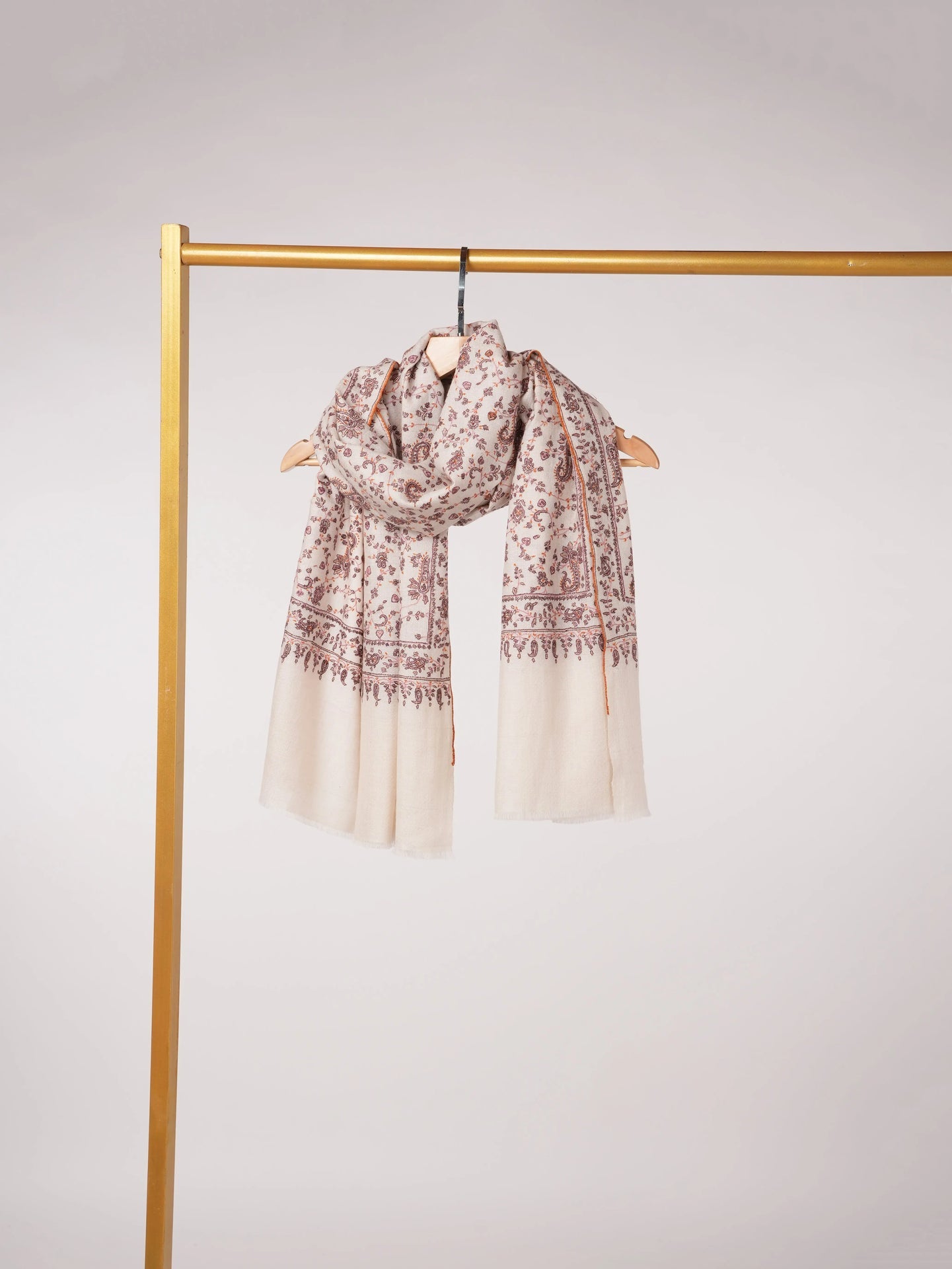 Kashmiri Handwoven Natural White Pashmina Shawl with Paisley Jali Embroidery Shahkaar.com
