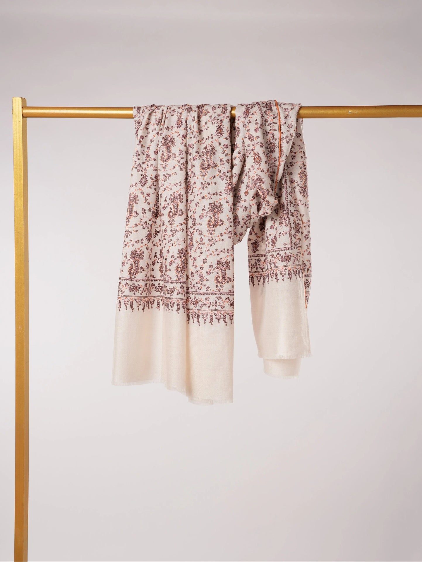 Kashmiri Handwoven Natural White Pashmina Shawl with Paisley Jali Embroidery Shahkaar.com