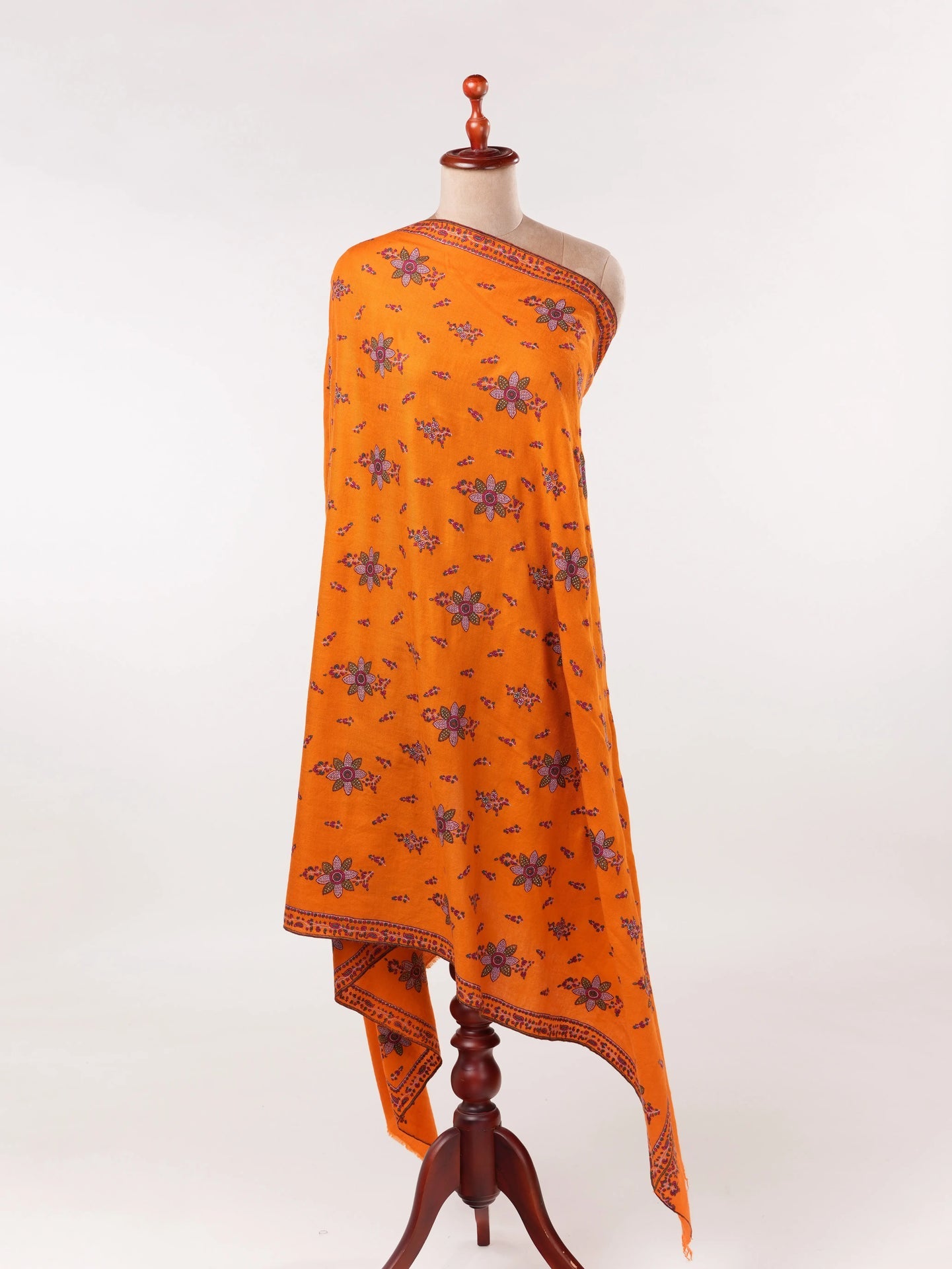 Orange Kashmiri Handwoven Pashmina Shawl with Floral Hand Sozni Embroidery Shahkaar.com