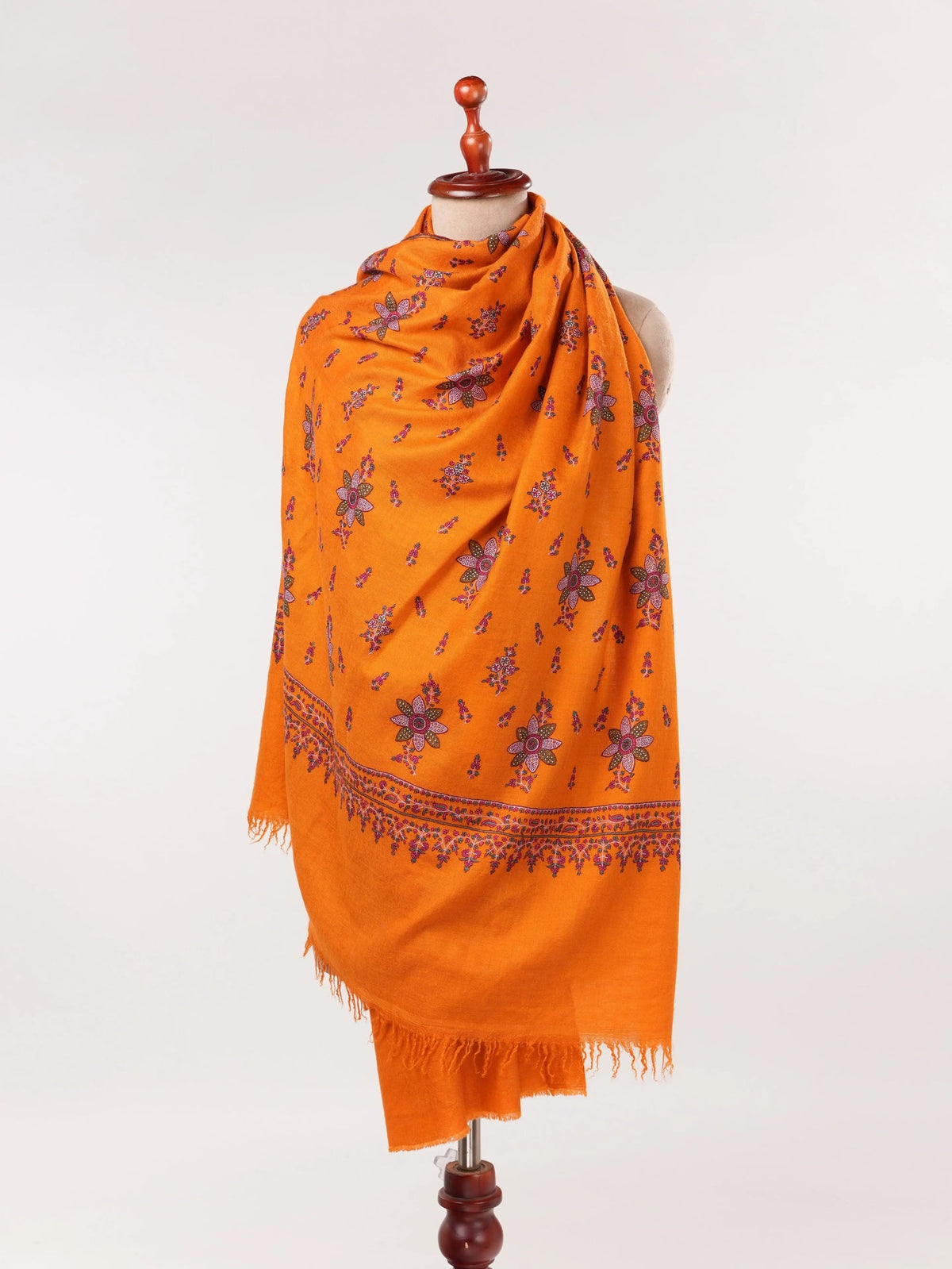 Orange Kashmiri Handwoven Pashmina Shawl with Floral Hand Sozni Embroidery Shahkaar.com