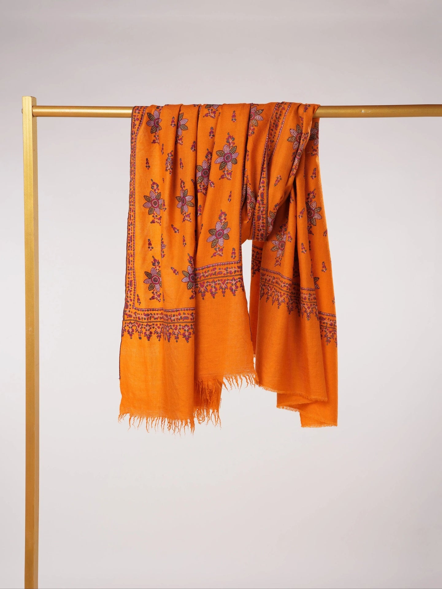 Orange Kashmiri Handwoven Pashmina Shawl with Floral Hand Sozni Embroidery Shahkaar.com