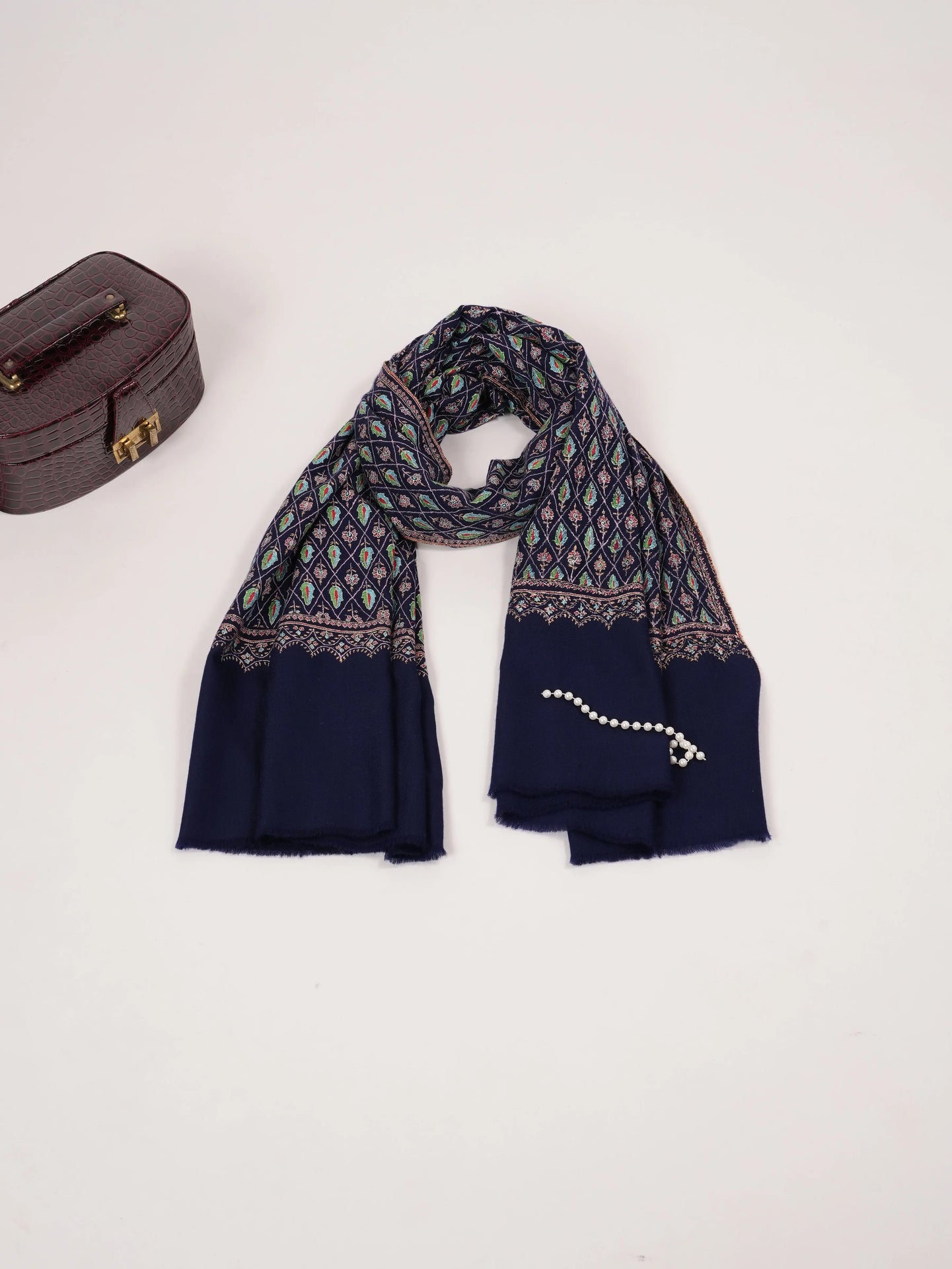 Jali Sozni Hand Embroidered Origina Dark Blue Handwoven Pashmina Shawl Shahkaar.com
