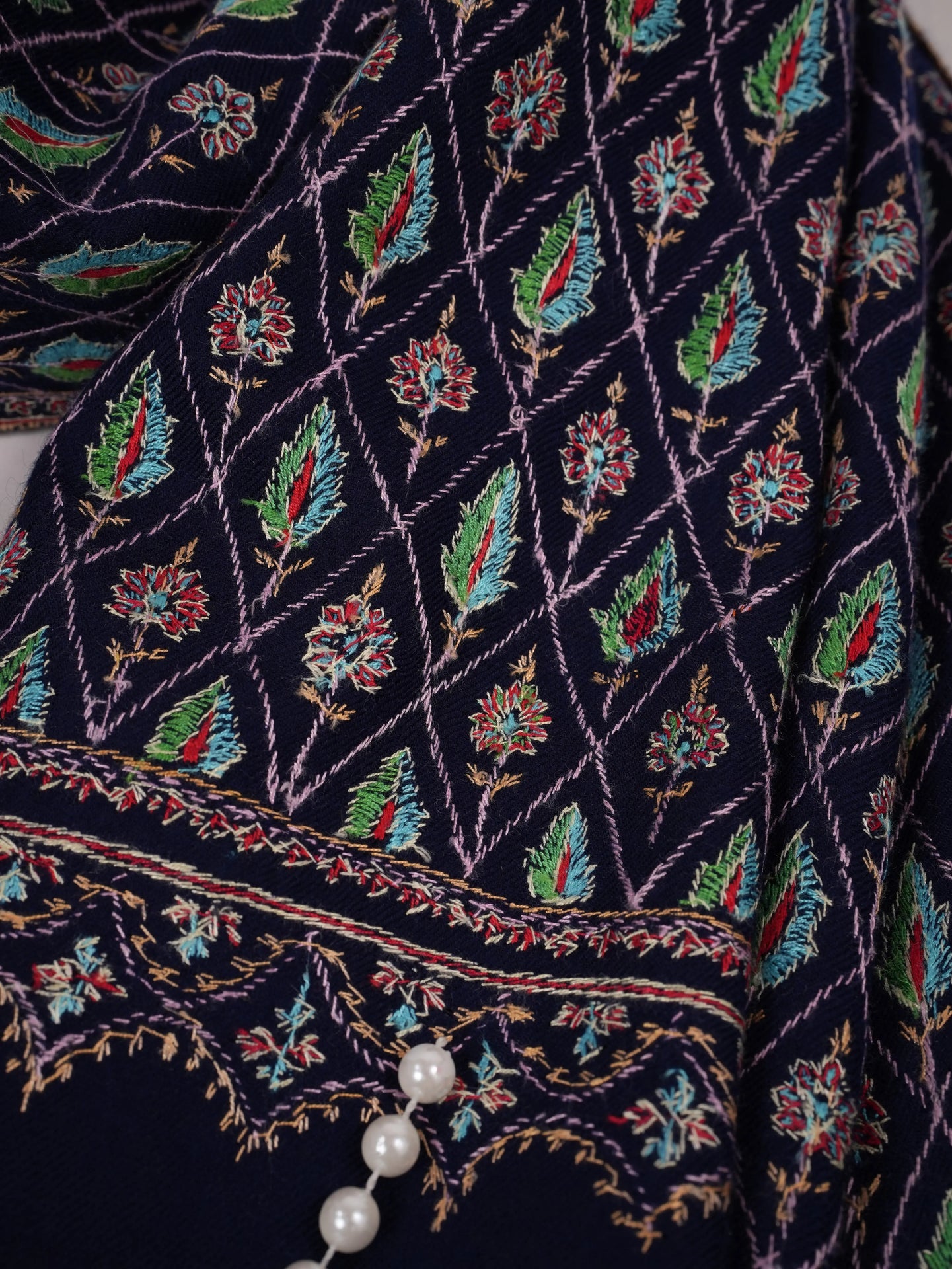 Jali Sozni Hand Embroidered Origina Dark Blue Handwoven Pashmina Shawl Shahkaar.com