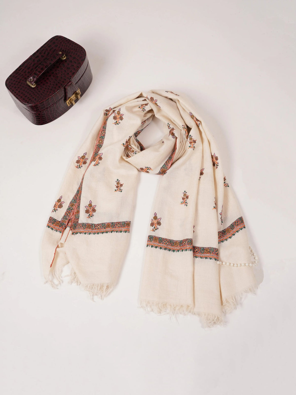 Handwoven Natural White Pashmina Shawl with Buteh Hand Embroidery