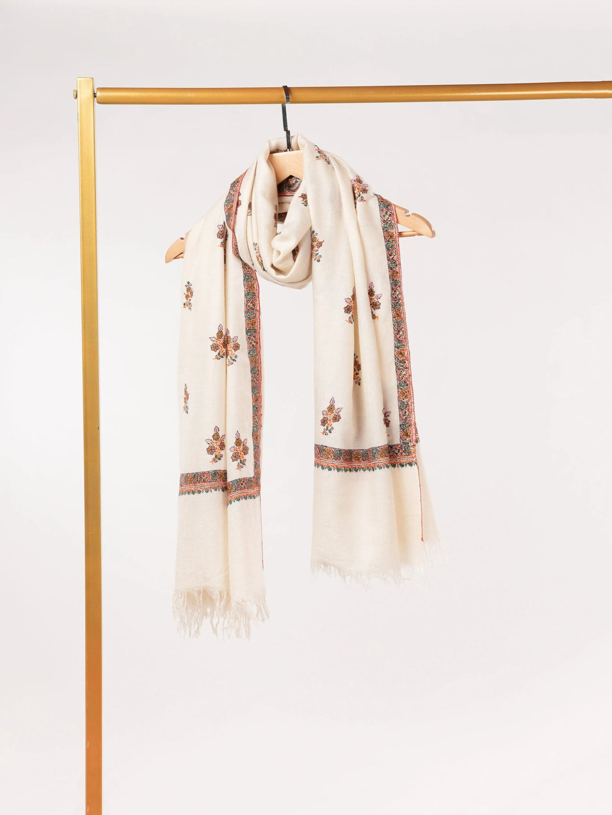 Handwoven Natural White Pashmina Shawl with Buteh Hand Embroidery