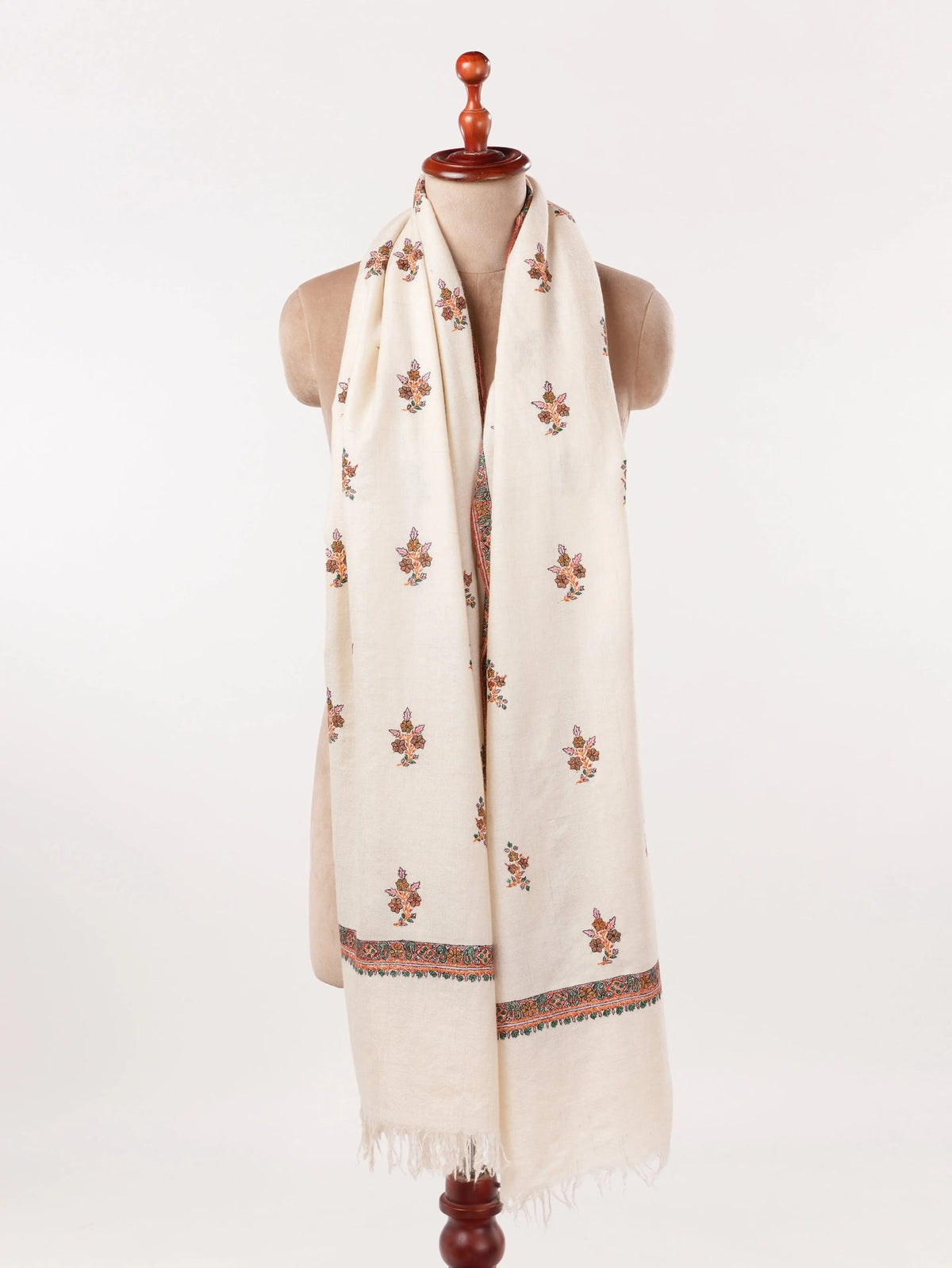 Handwoven Natural White Pashmina Shawl with Buteh Hand Embroidery