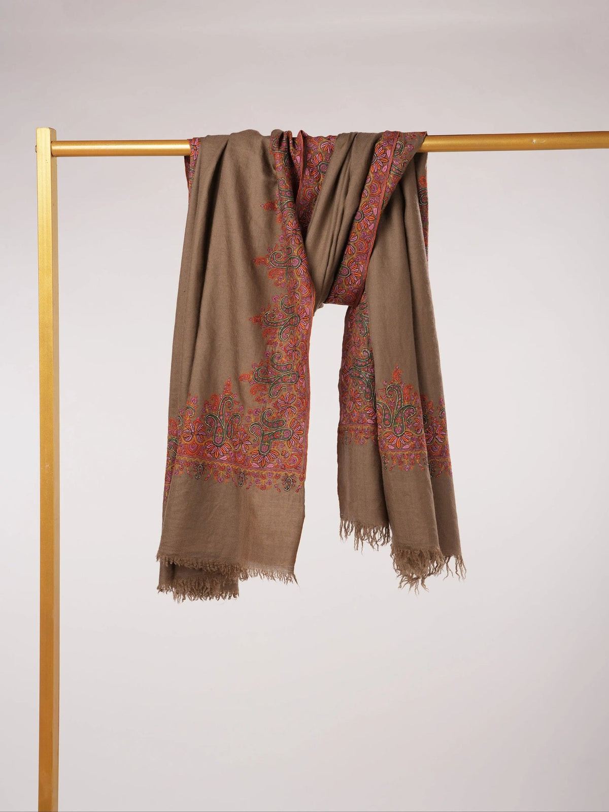 Dark Taupe Kashmiri Handwoven Pashmina Shawl with Kalandaur Hand Sozni Embroidery Shahkaar.com