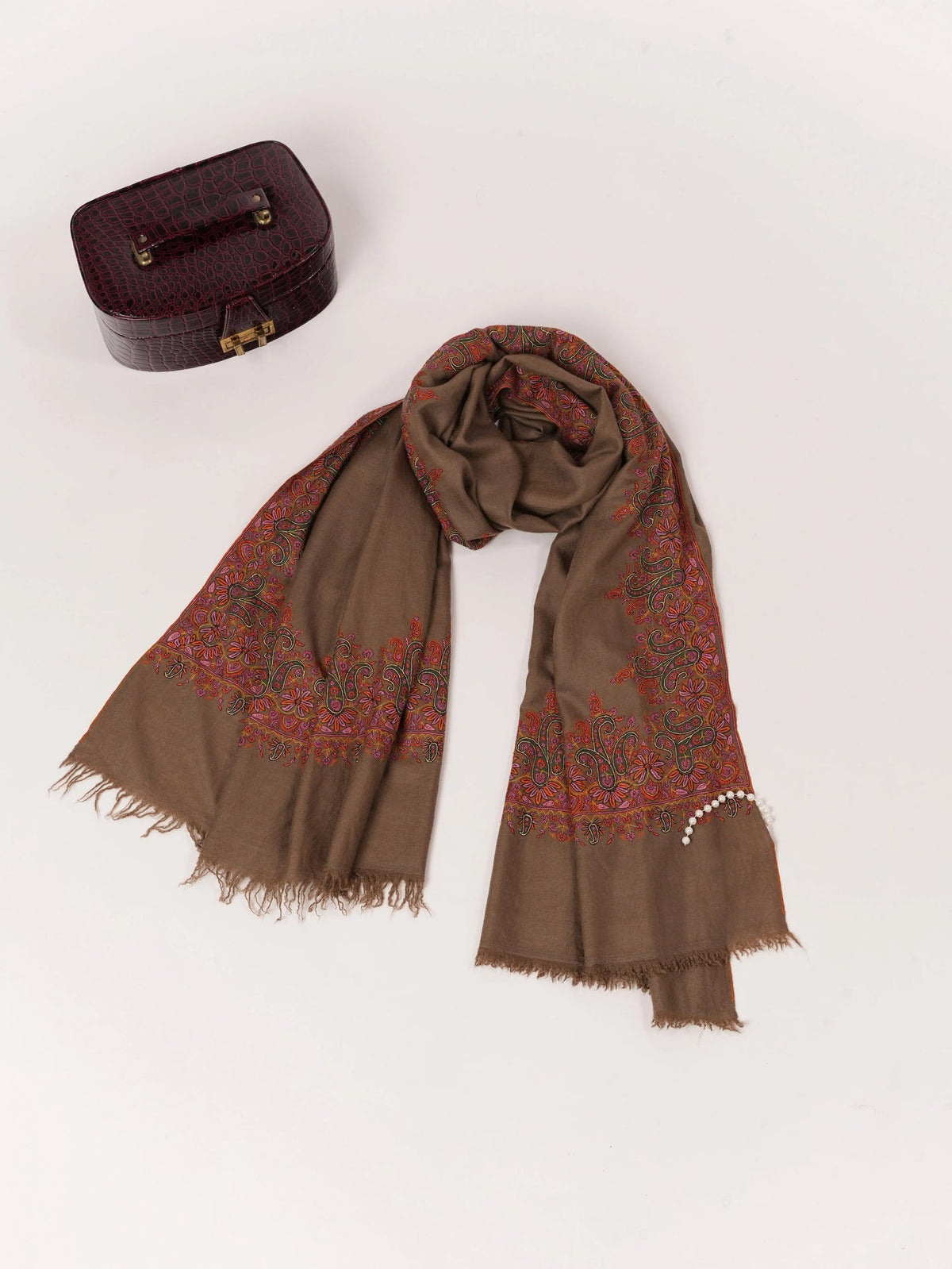 Dark Taupe Kashmiri Handwoven Pashmina Shawl with Kalandaur Hand Sozni Embroidery Shahkaar.com