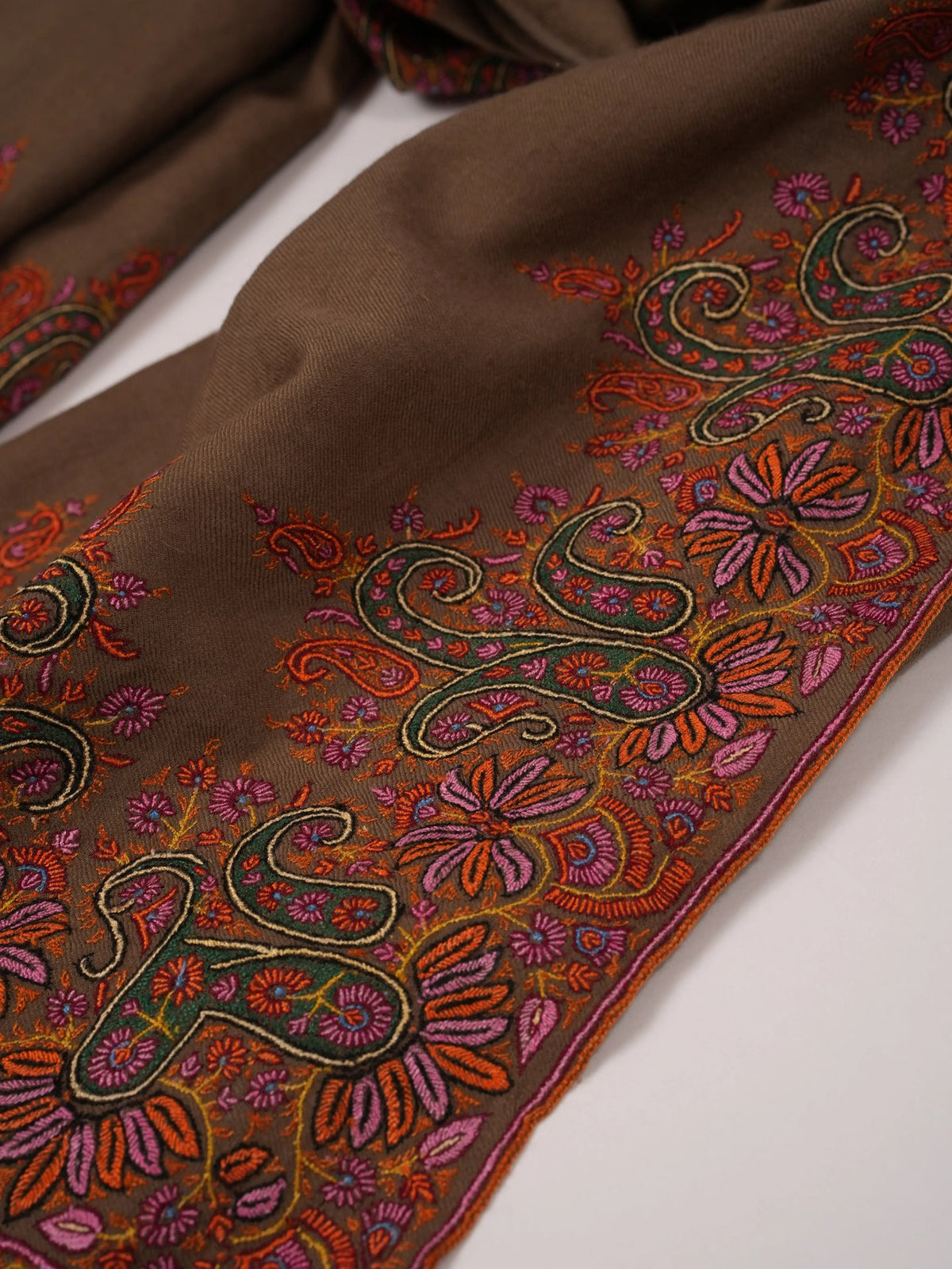 Dark Taupe Kashmiri Handwoven Pashmina Shawl with Kalandaur Hand Sozni Embroidery Shahkaar.com