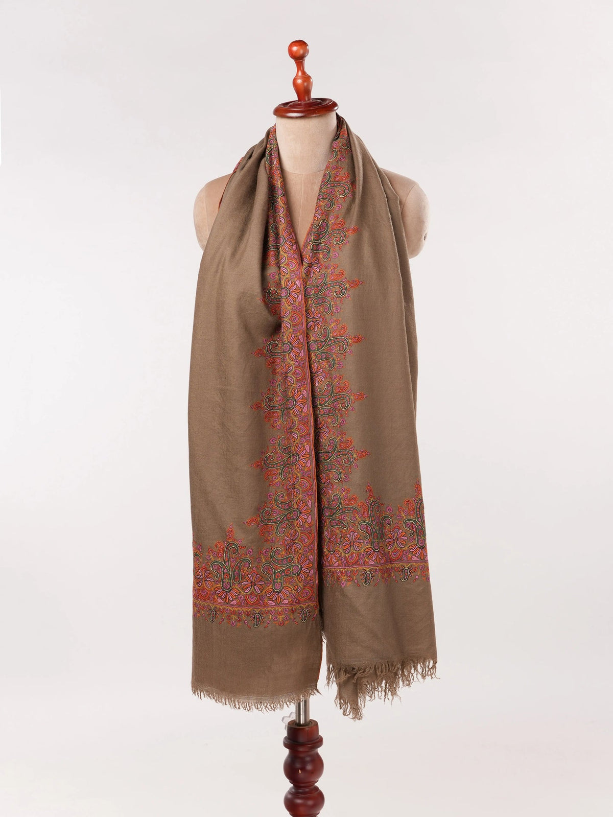 Dark Taupe Kashmiri Handwoven Pashmina Shawl with Kalandaur Hand Sozni Embroidery Shahkaar.com