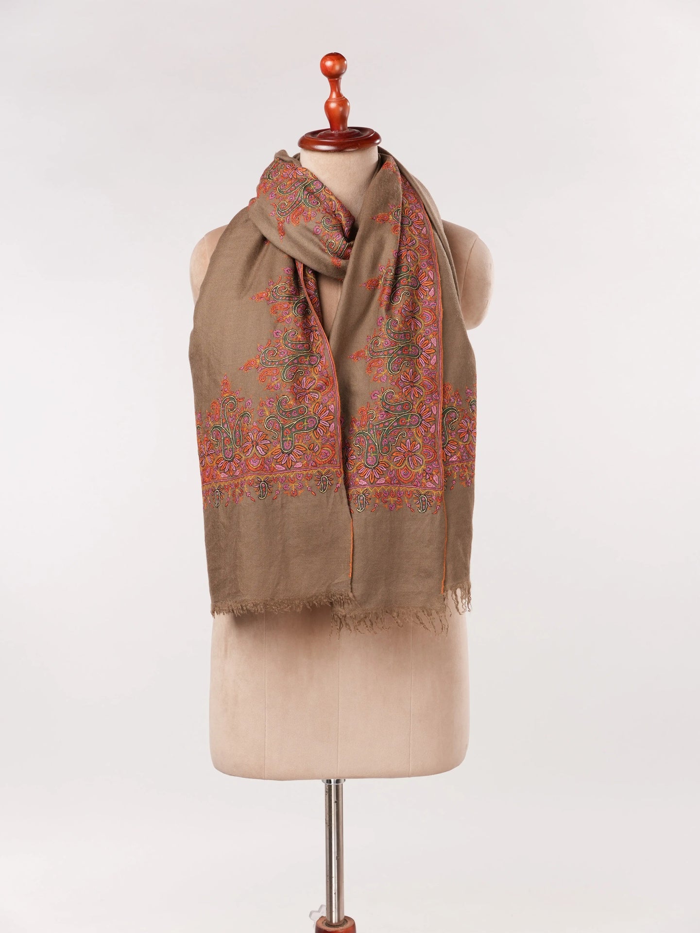 Dark Taupe Kashmiri Handwoven Pashmina Shawl with Kalandaur Hand Sozni Embroidery Shahkaar.com