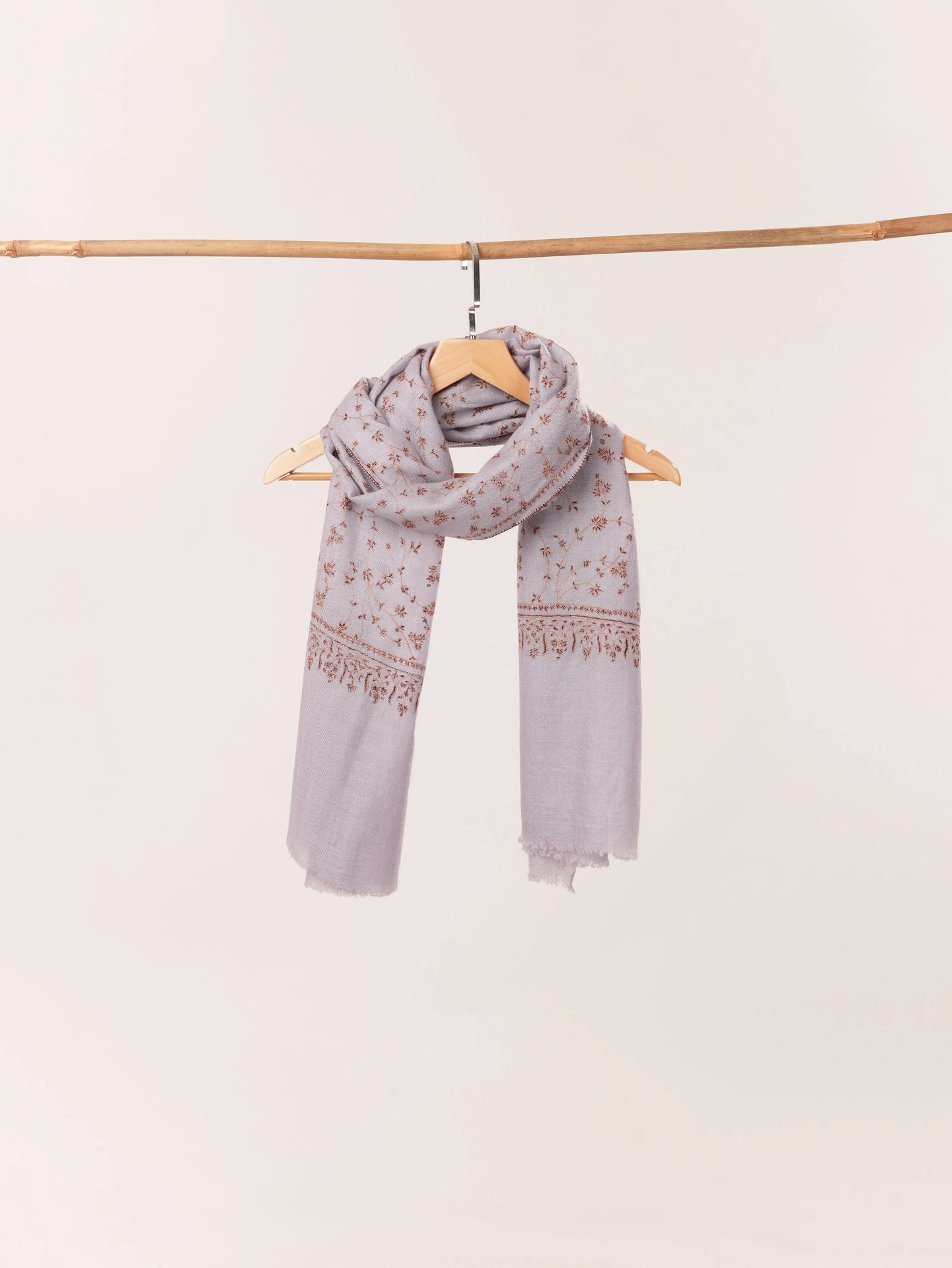 Misty Lavender Cashmere Kashmiri Handwoven Scarf with Hand Sozni Jali Embroidery Shahkaar.com