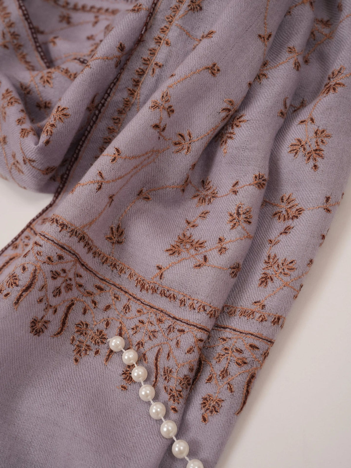 Misty Lavender Cashmere Kashmiri Handwoven Scarf with Hand Sozni Jali Embroidery Shahkaar.com