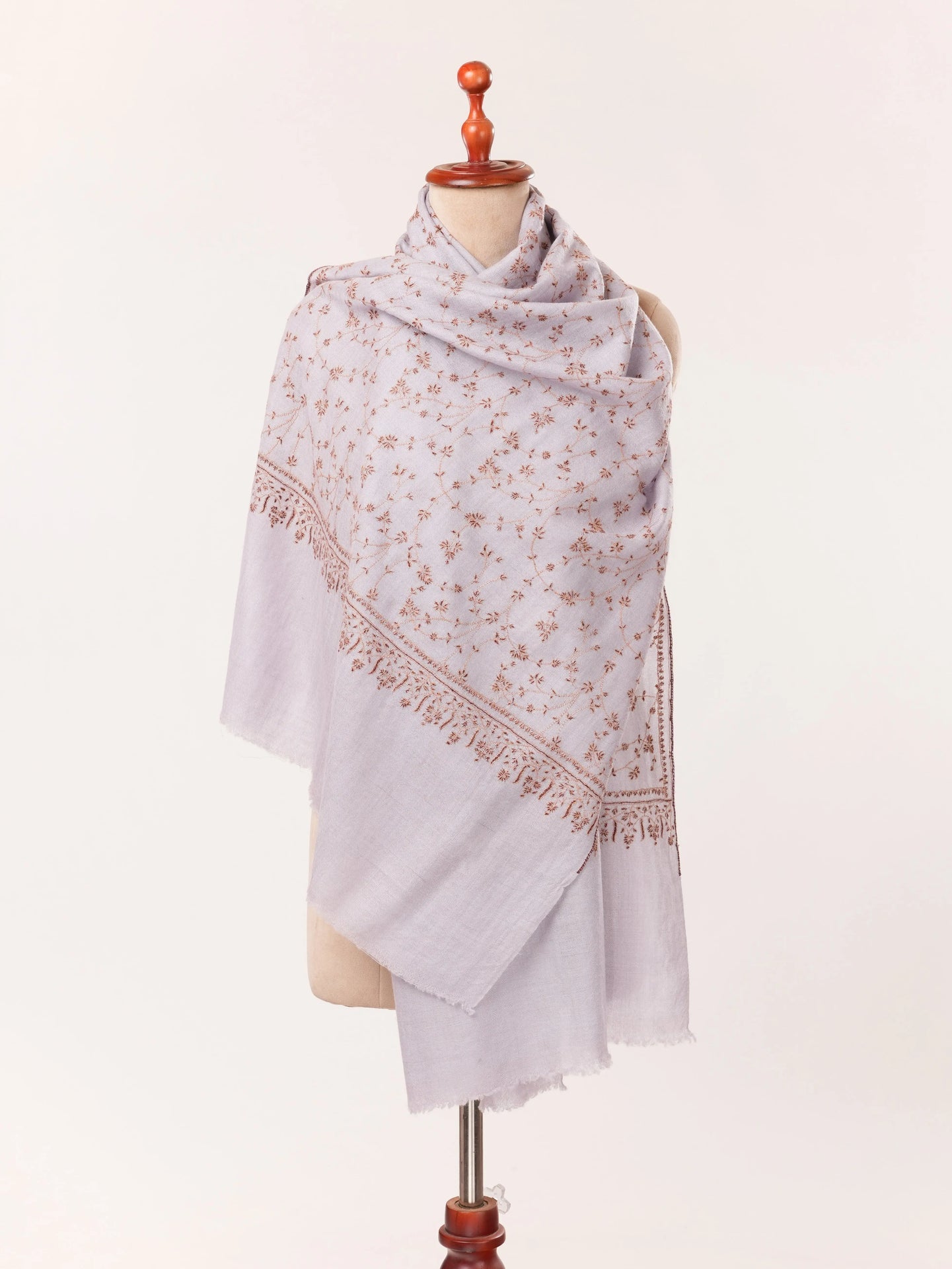 Misty Lavender Cashmere Kashmiri Handwoven Scarf with Hand Sozni Jali Embroidery Shahkaar.com