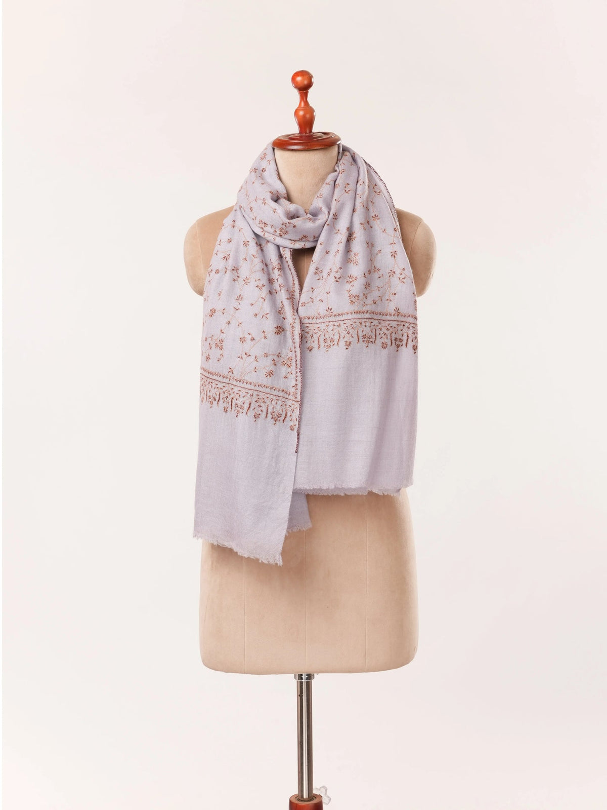 Misty Lavender Cashmere Kashmiri Handwoven Scarf with Hand Sozni Jali Embroidery Shahkaar.com