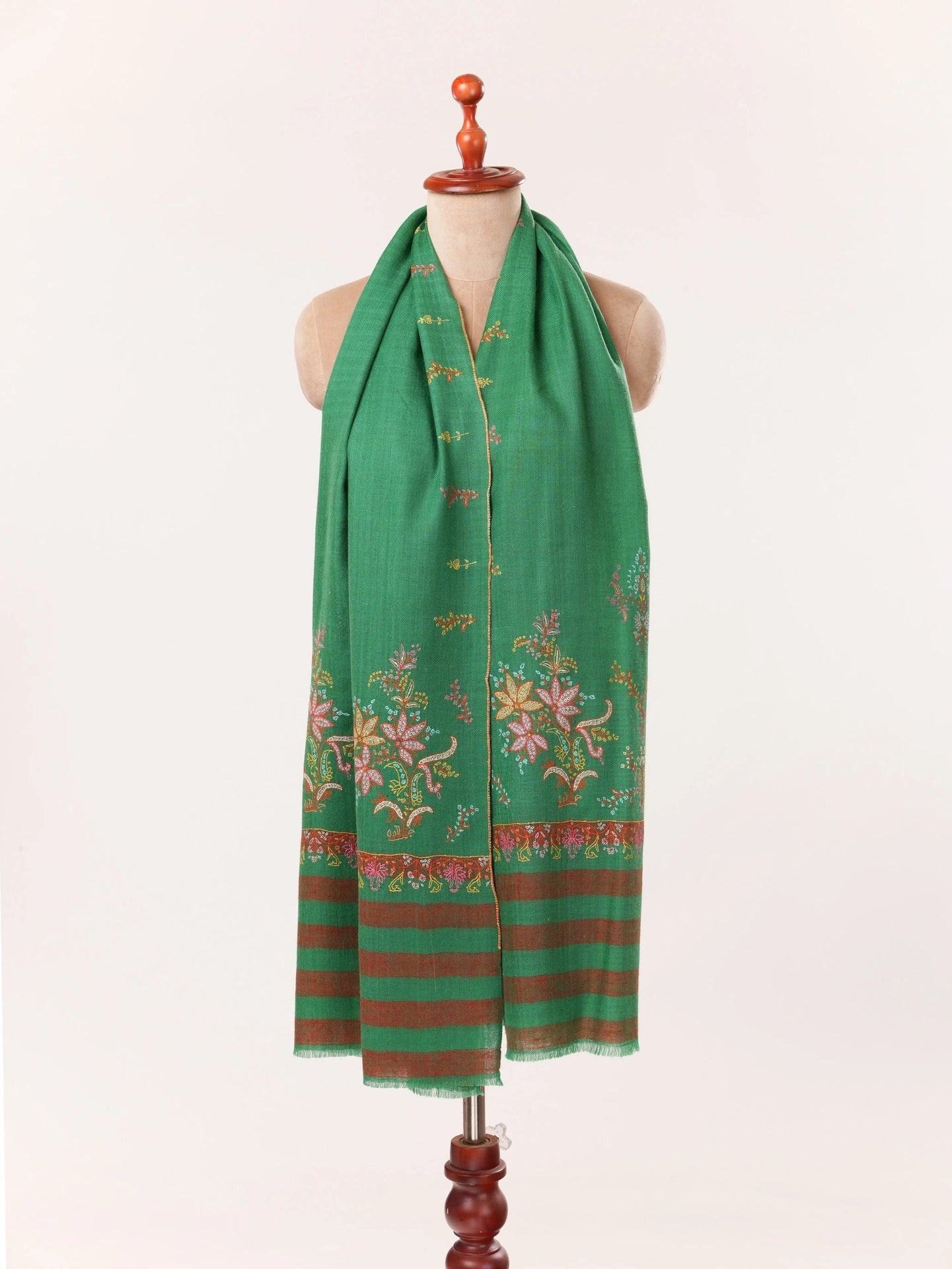 Emerald Green Palldar Soft Cashmere Scarf Featuring Hand Sozni Embroidery Shahkaar.com
