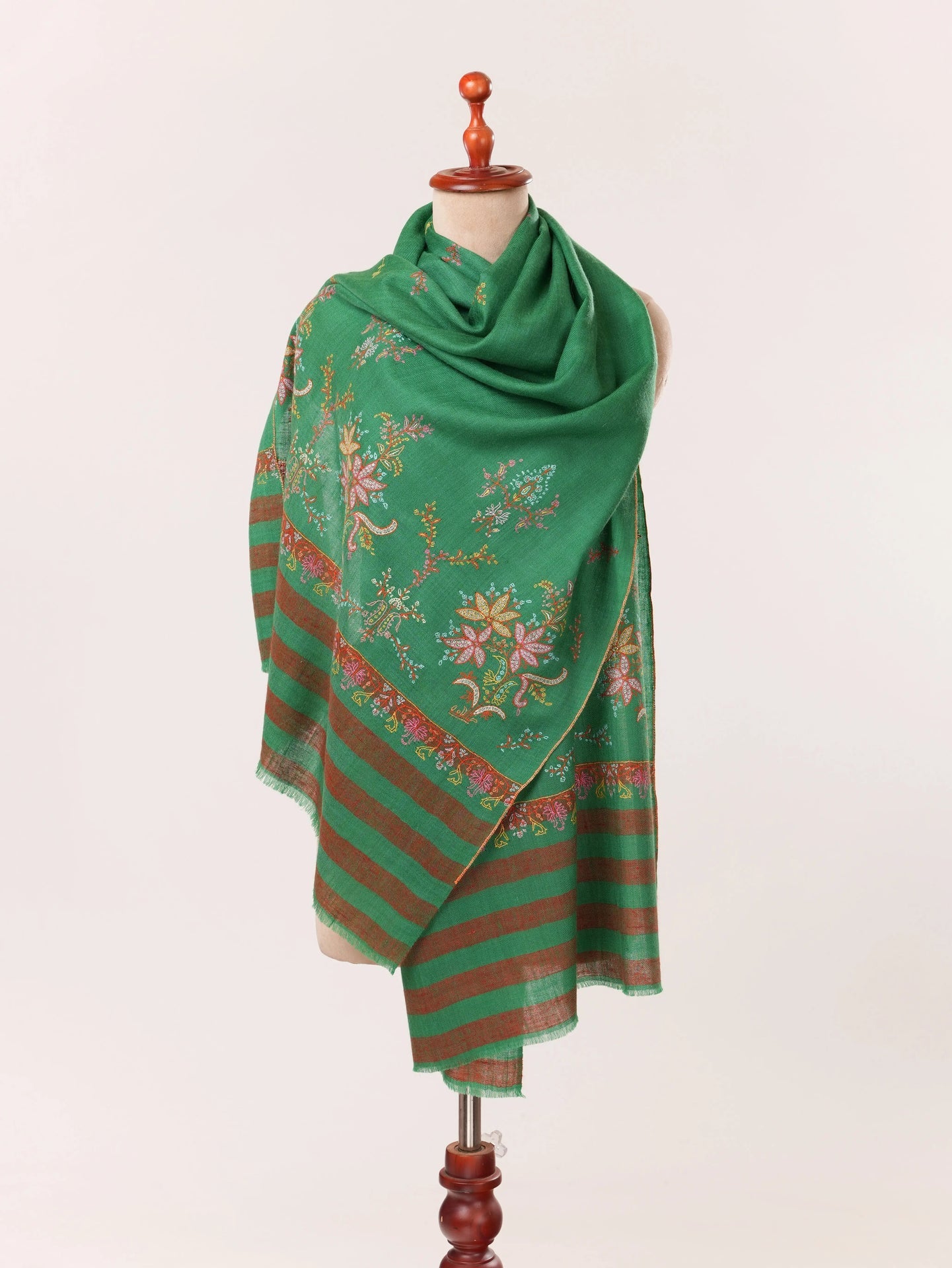 Emerald Green Palldar Soft Cashmere Scarf Featuring Hand Sozni Embroidery Shahkaar.com