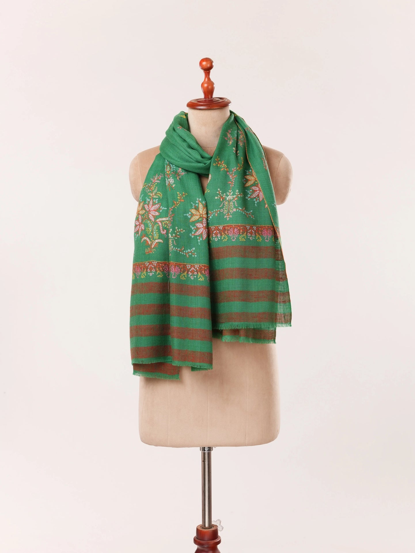 Emerald Green Palldar Soft Cashmere Scarf Featuring Hand Sozni Embroidery Shahkaar.com