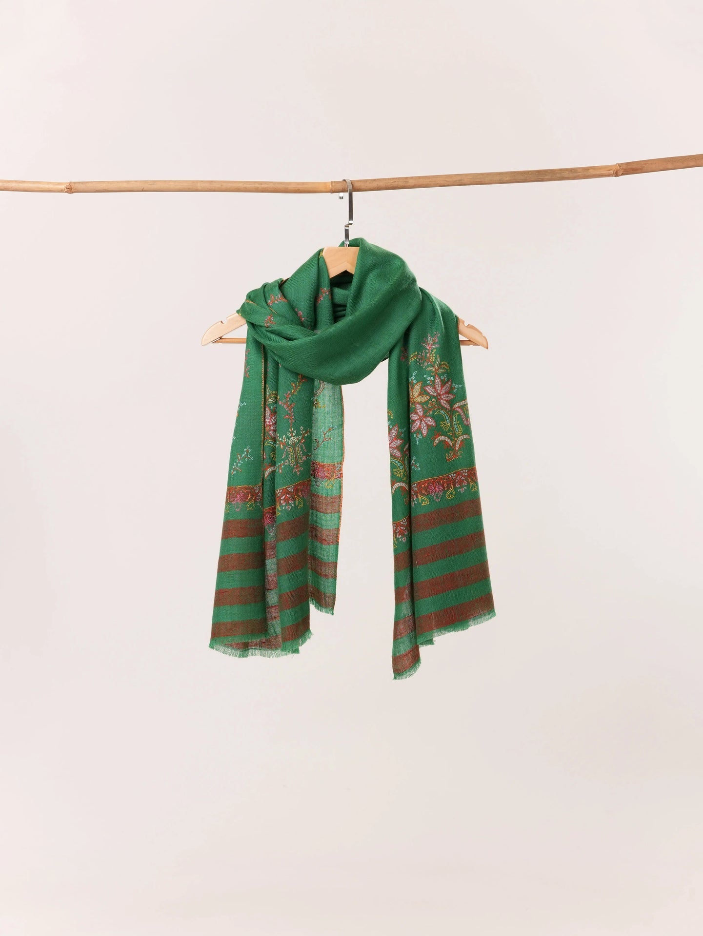 Emerald Green Palldar Soft Cashmere Scarf Featuring Hand Sozni Embroidery Shahkaar.com