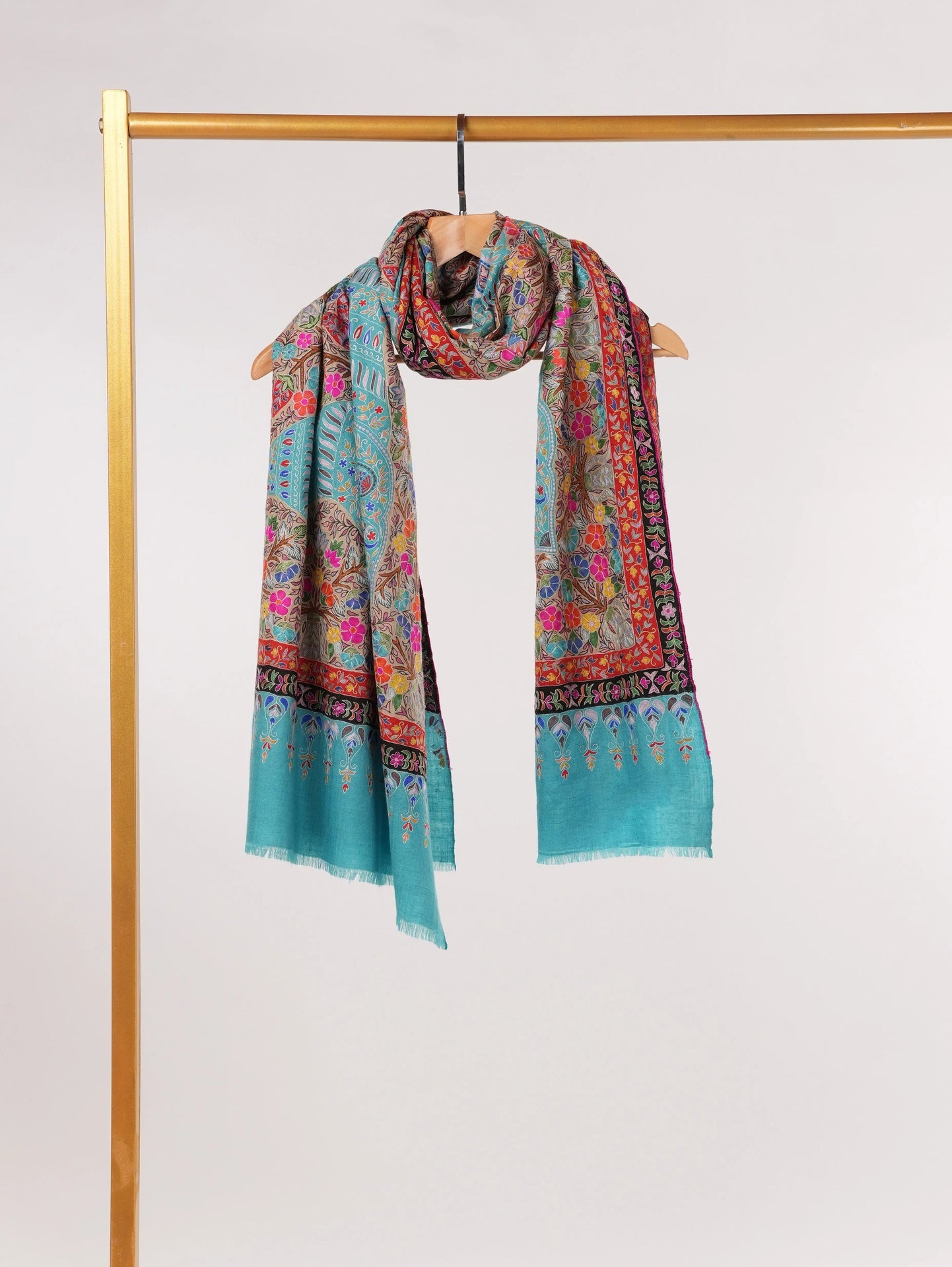 Lightweight Handwoven Blue Pashmina Shawl with Kalamkari Hand Embroidery Shahkaar.com