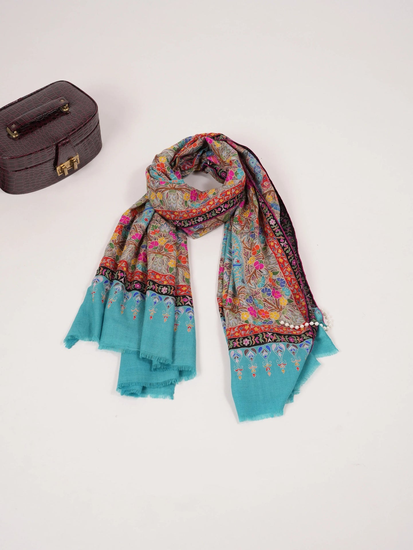 Lightweight Handwoven Blue Pashmina Shawl with Kalamkari Hand Embroidery Shahkaar.com