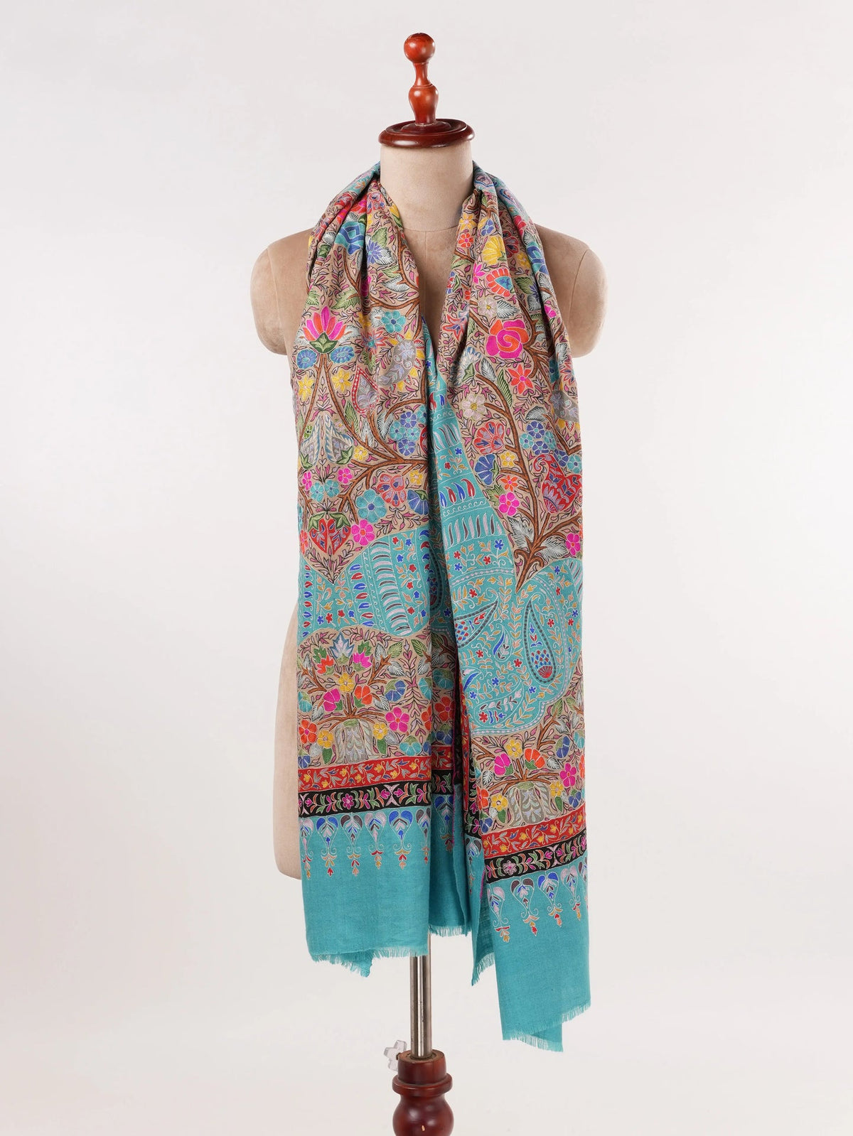 Lightweight Handwoven Blue Pashmina Shawl with Kalamkari Hand Embroidery Shahkaar.com
