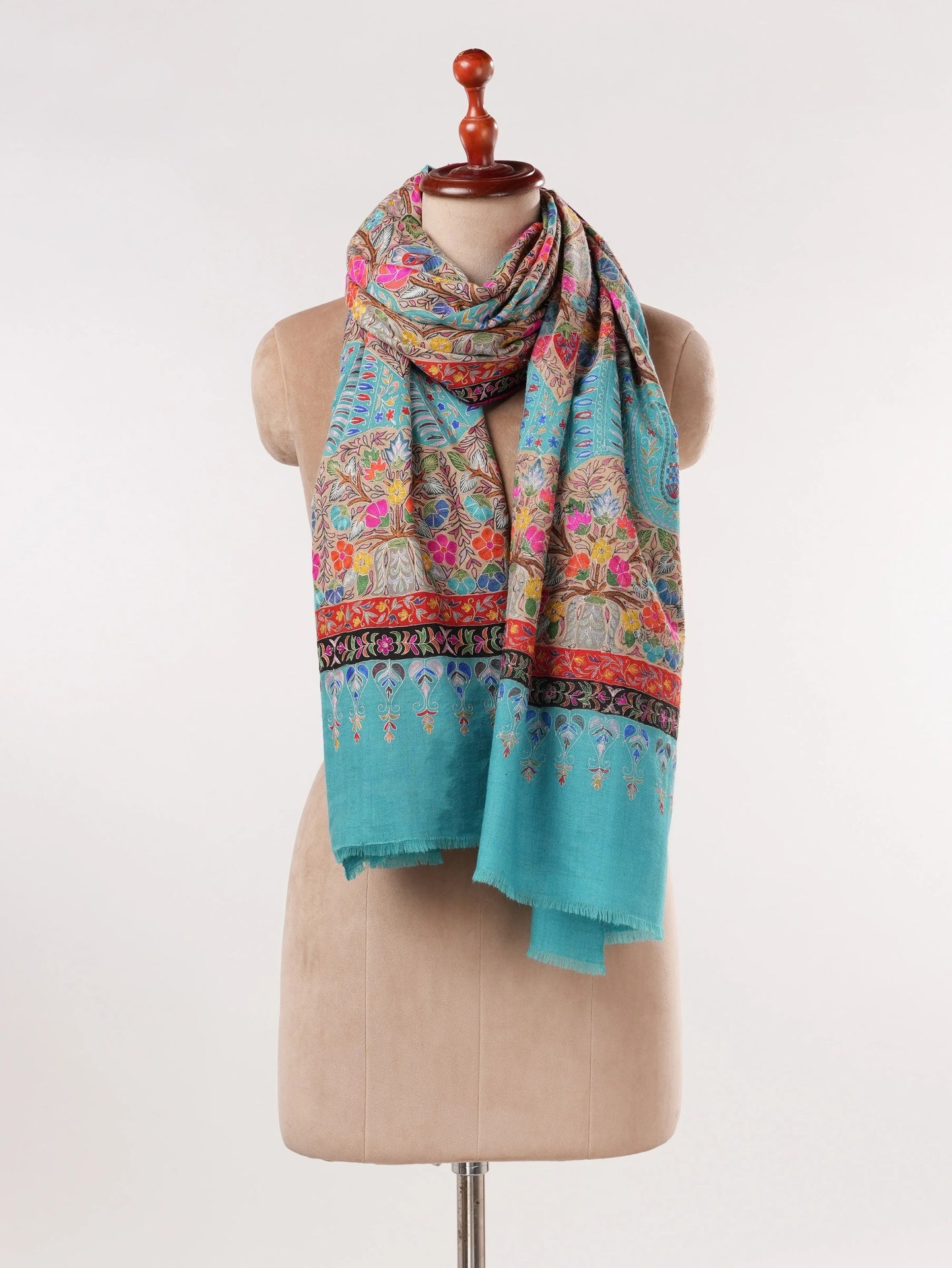 Lightweight Handwoven Blue Pashmina Shawl with Kalamkari Hand Embroidery Shahkaar.com
