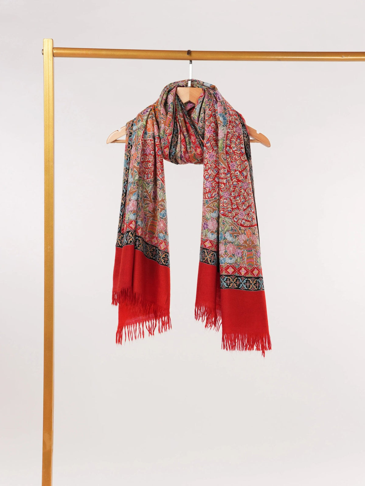 Handwoven Red Pashmina Shawl with Kalamkari Hand Embroidery Shahkaar.com