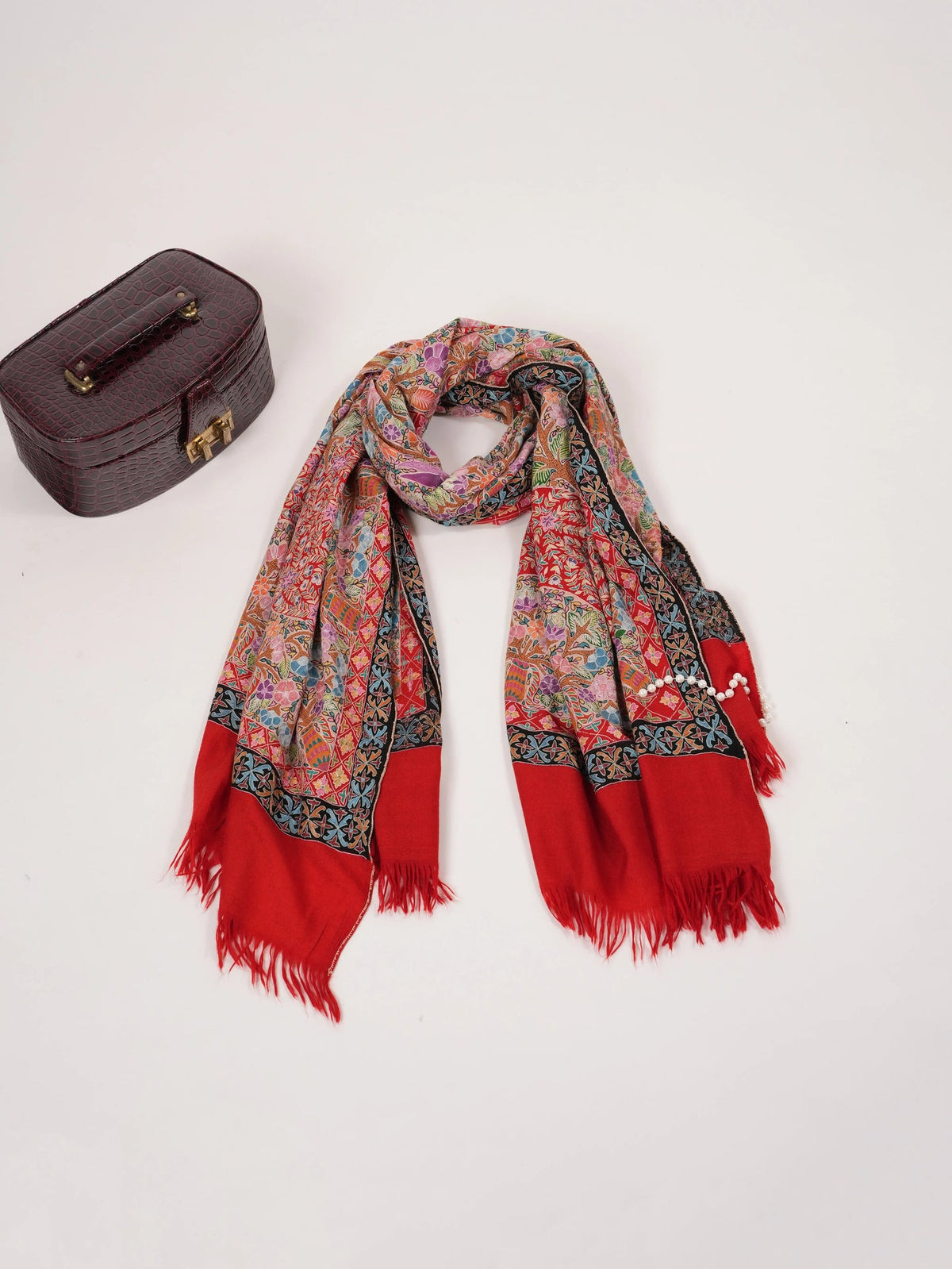 Handwoven Red Pashmina Shawl with Kalamkari Hand Embroidery Shahkaar.com