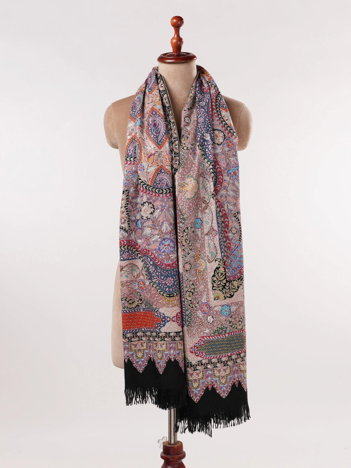 Soft Handwoven Black Pashmina Shawl with Hand Kalamkari Embroidery Shahkaar.com