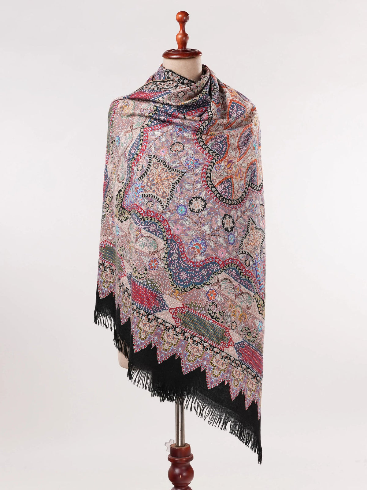 Soft Handwoven Black Pashmina Shawl with Hand Kalamkari Embroidery Shahkaar.com