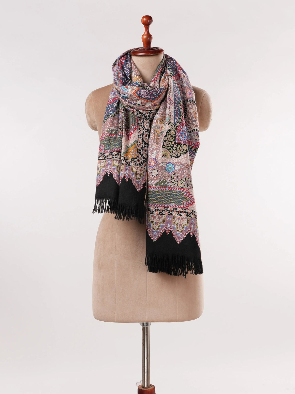 Soft Handwoven Black Pashmina Shawl with Hand Kalamkari Embroidery Shahkaar.com