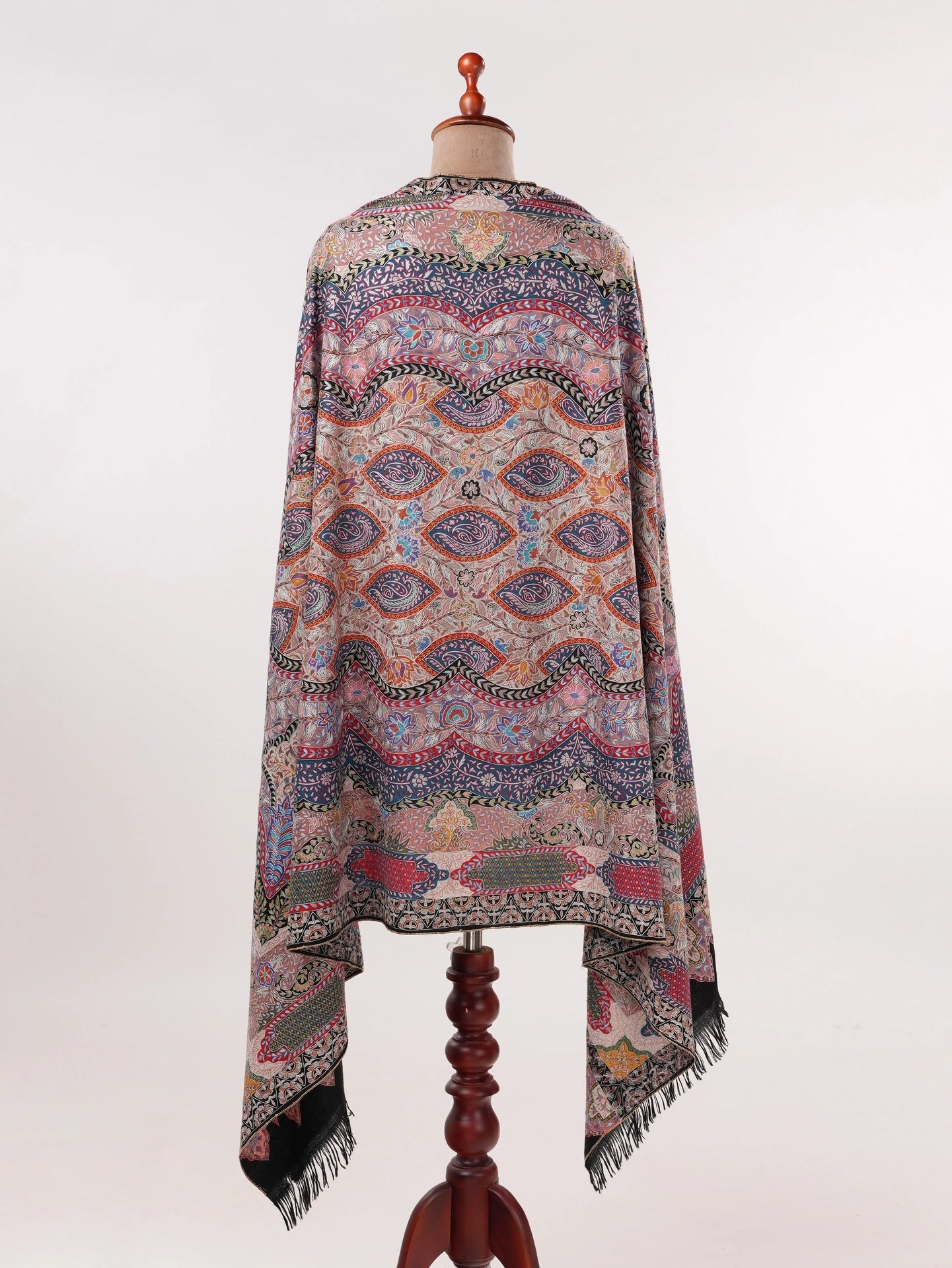 Soft Handwoven Black Pashmina Shawl with Hand Kalamkari Embroidery Shahkaar.com