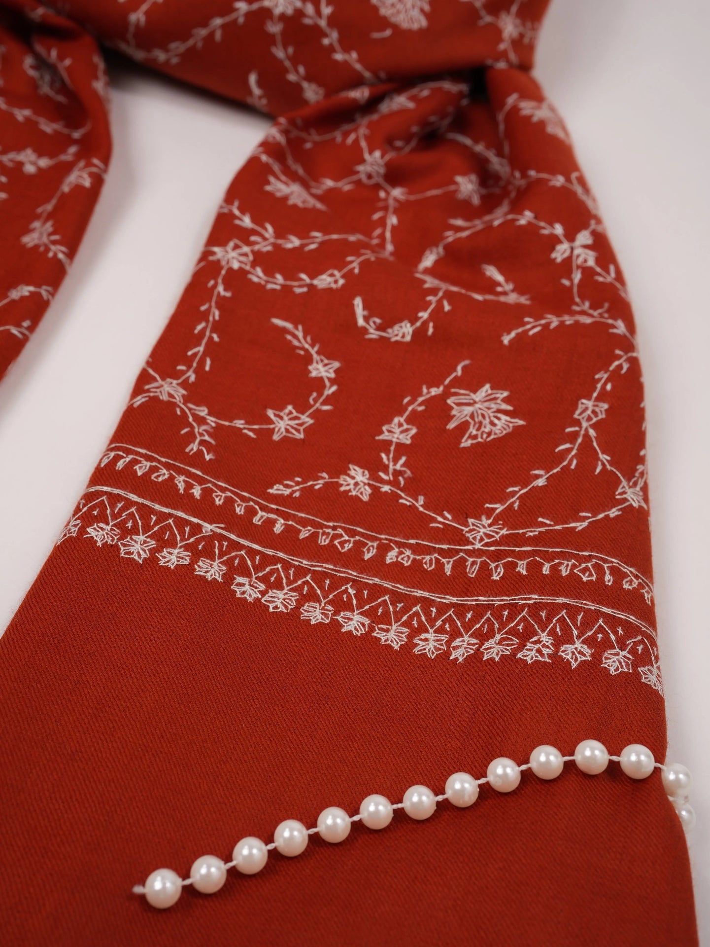 Rust Fine Silk Wool Scarf with Kashmiri Jali Hand Sozni Embroidery Shahkaar.com
