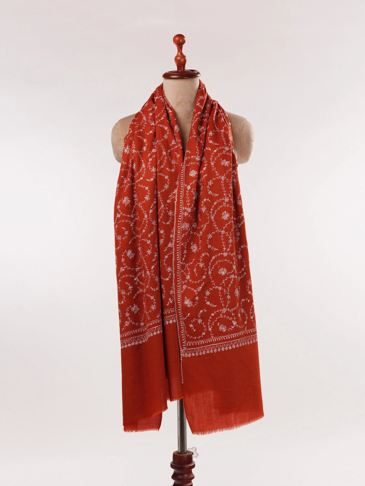Rust Fine Silk Wool Scarf with Kashmiri Jali Hand Sozni Embroidery Shahkaar.com