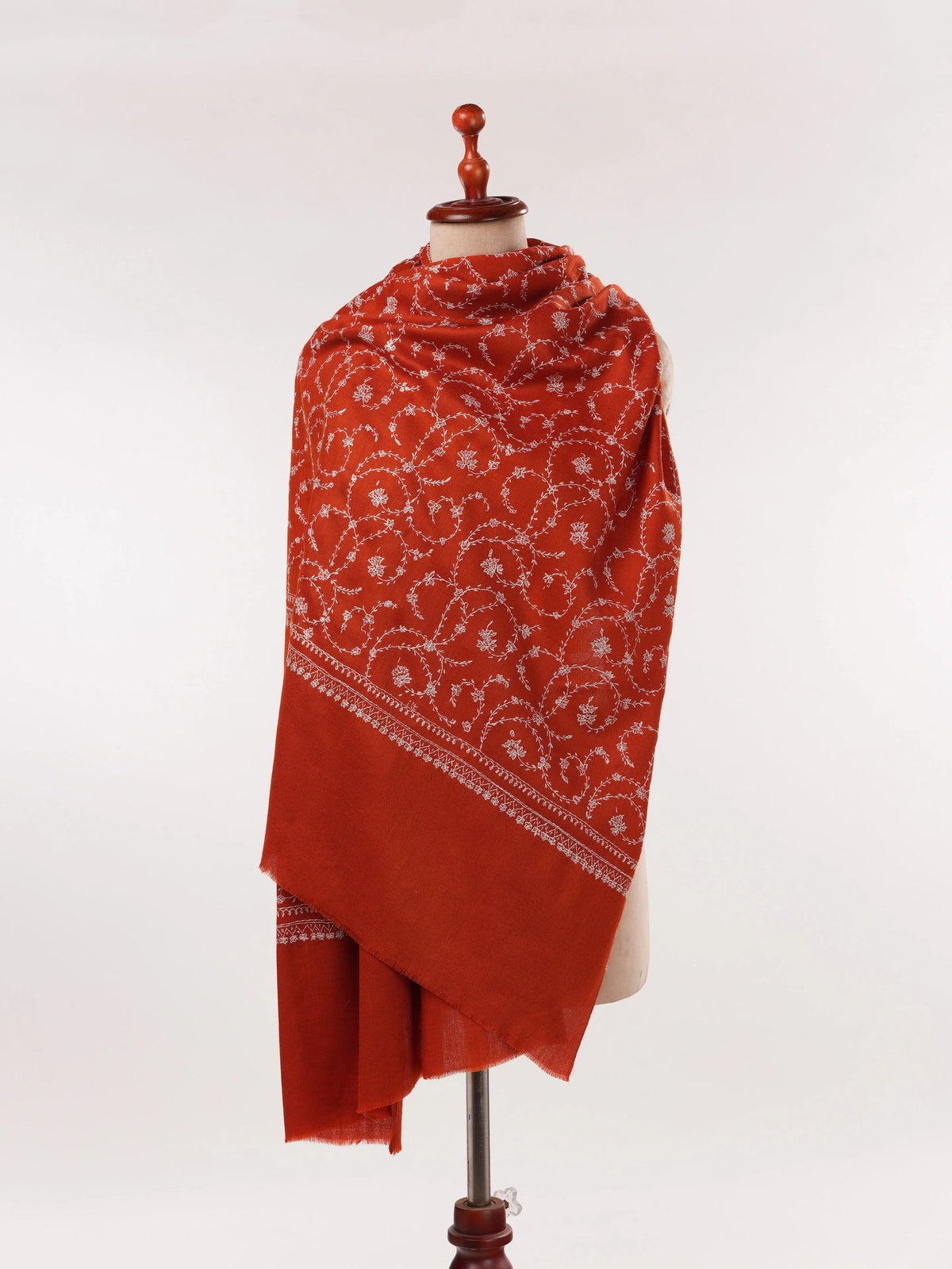 Rust Fine Silk Wool Scarf with Kashmiri Jali Hand Sozni Embroidery Shahkaar.com