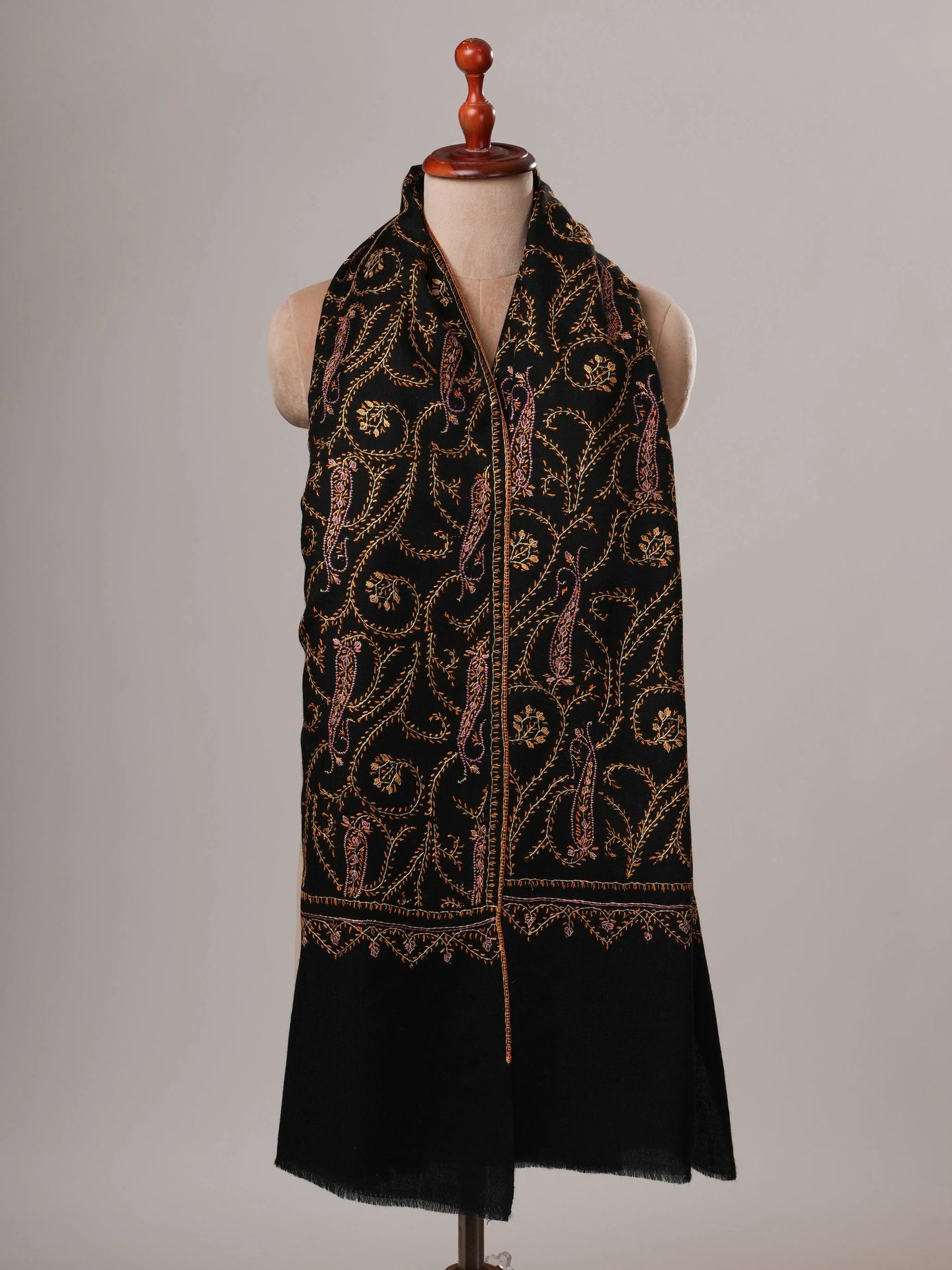 Black Hand Embroidered Jali Fine Wool Warm Shawl Shahkaar