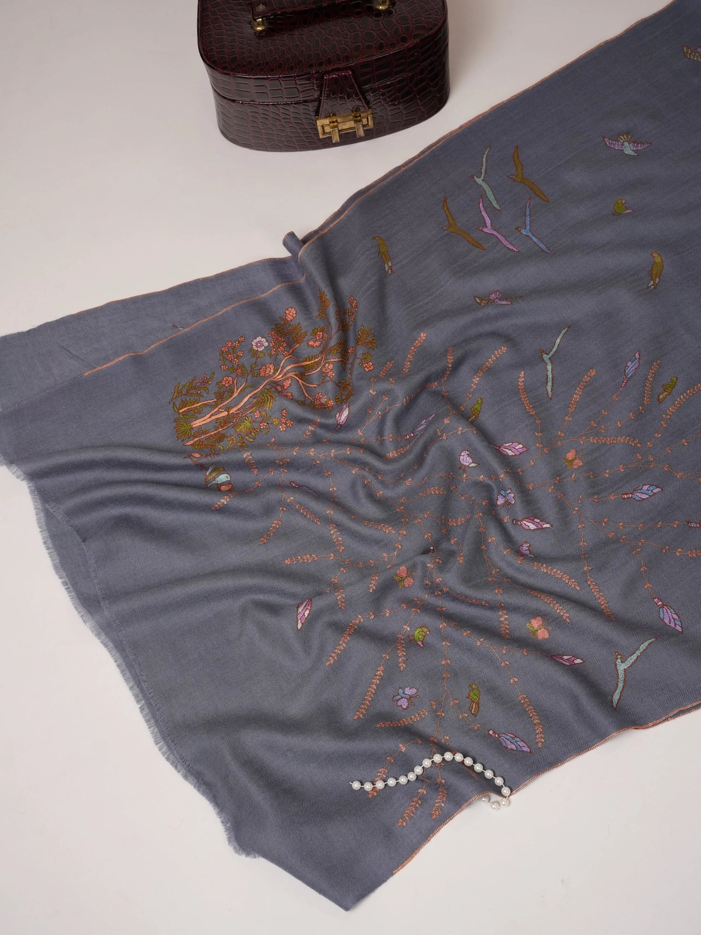Slate Grey Cashmere Scarf with Hand Embroidery Shahkaar.com