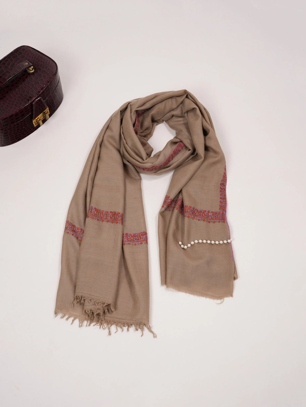 Taupe Original Pashmina Shawl with Hashia Hand Embroidery Shahkaar.com