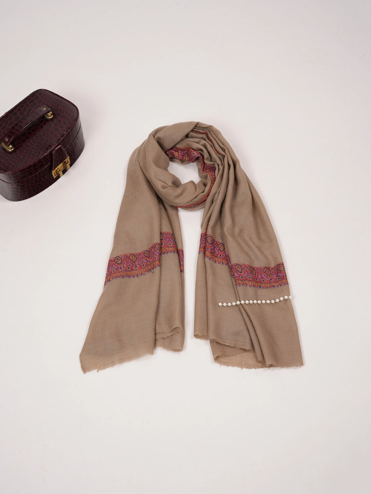 Kashmiri Beige Handwoven Pashmina Shawl with Neemdaur Sozni Work Shahkaar.com