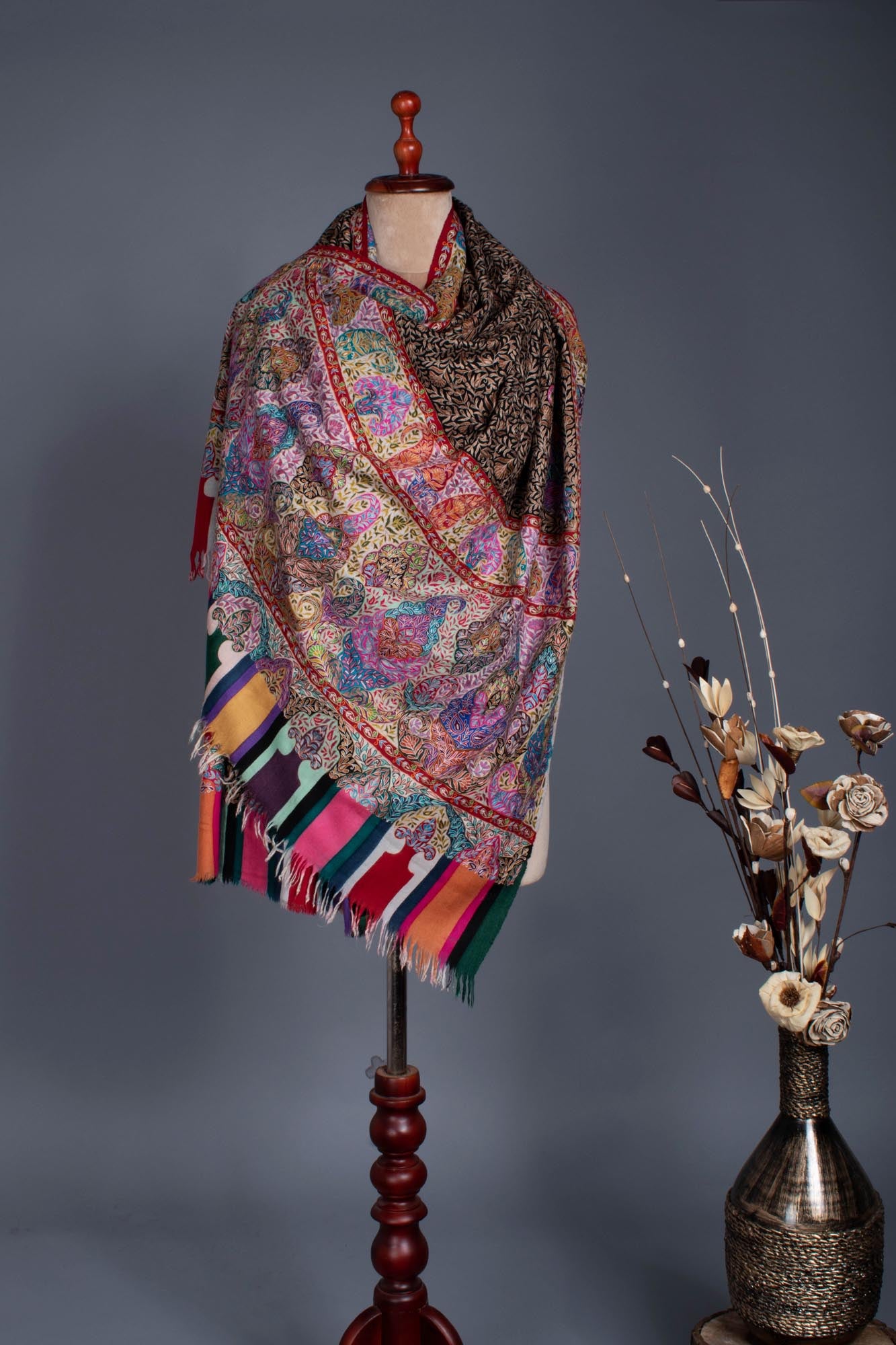 Warm and Artistic Hand painted and Embroidered Pashmina Shawl - CUMILLA