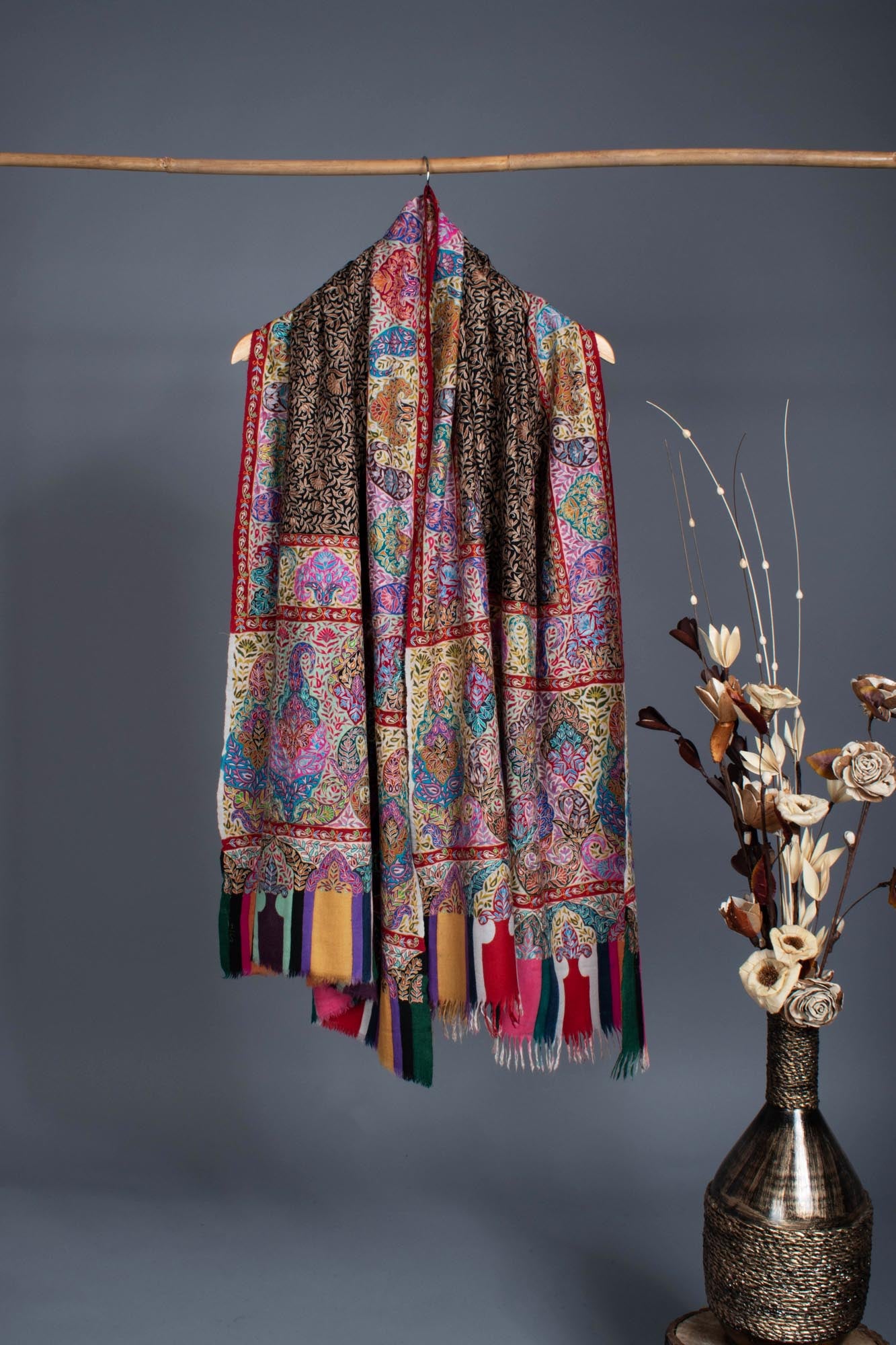 Warm and Artistic Hand painted and Embroidered Pashmina Shawl - CUMILLA