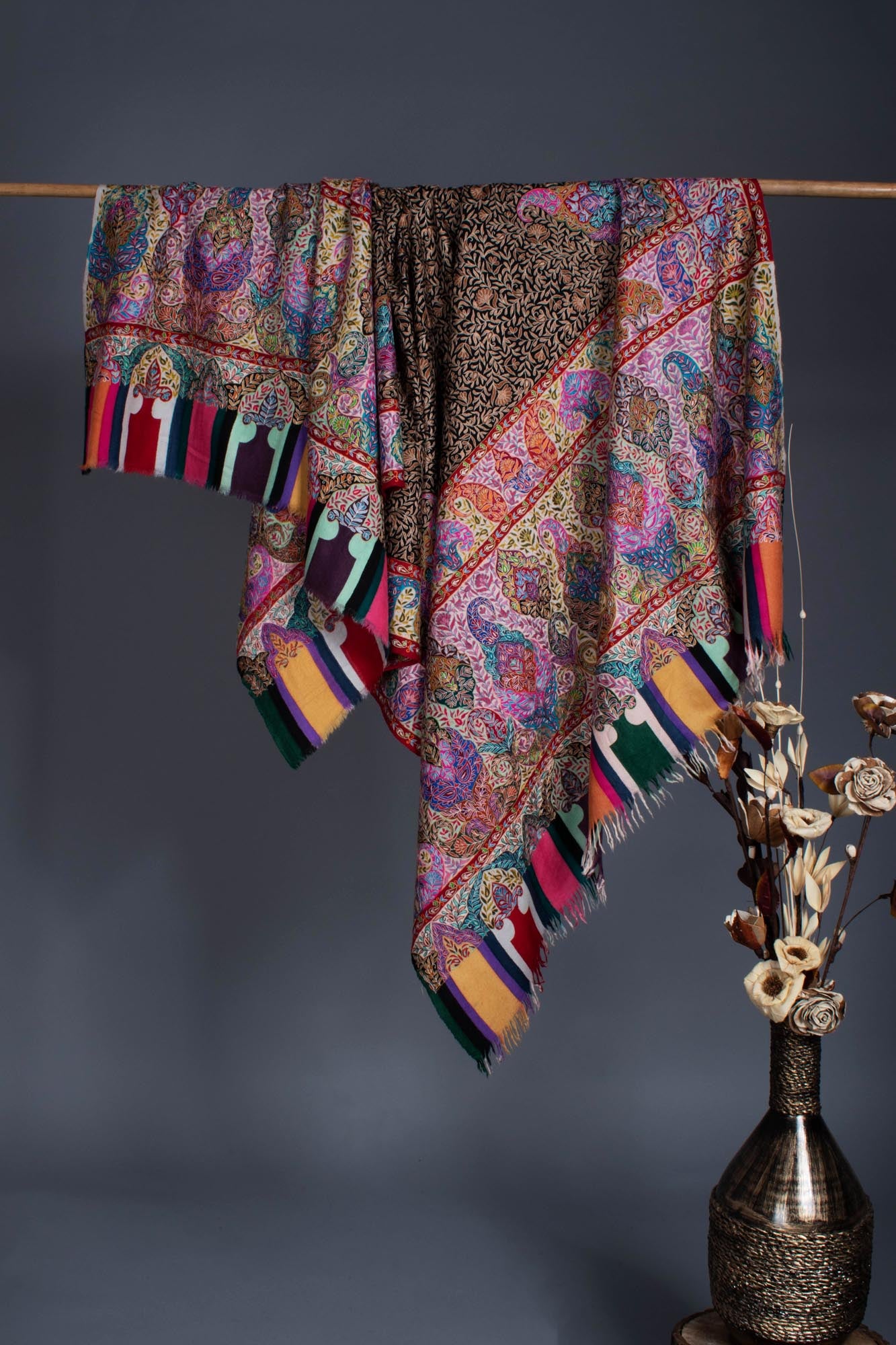 Warm and Artistic Hand painted and Embroidered Pashmina Shawl - CUMILLA