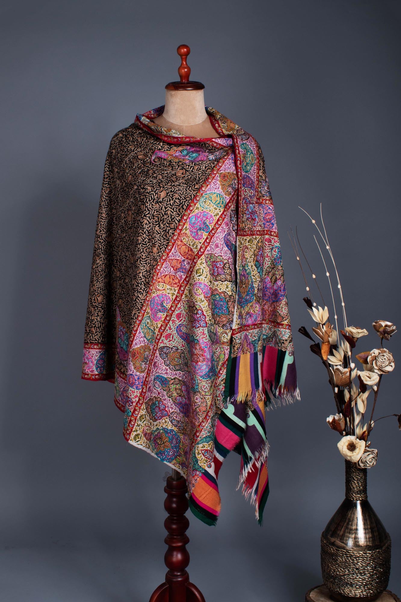 Warm and Artistic Hand painted and Embroidered Pashmina Shawl - CUMILLA