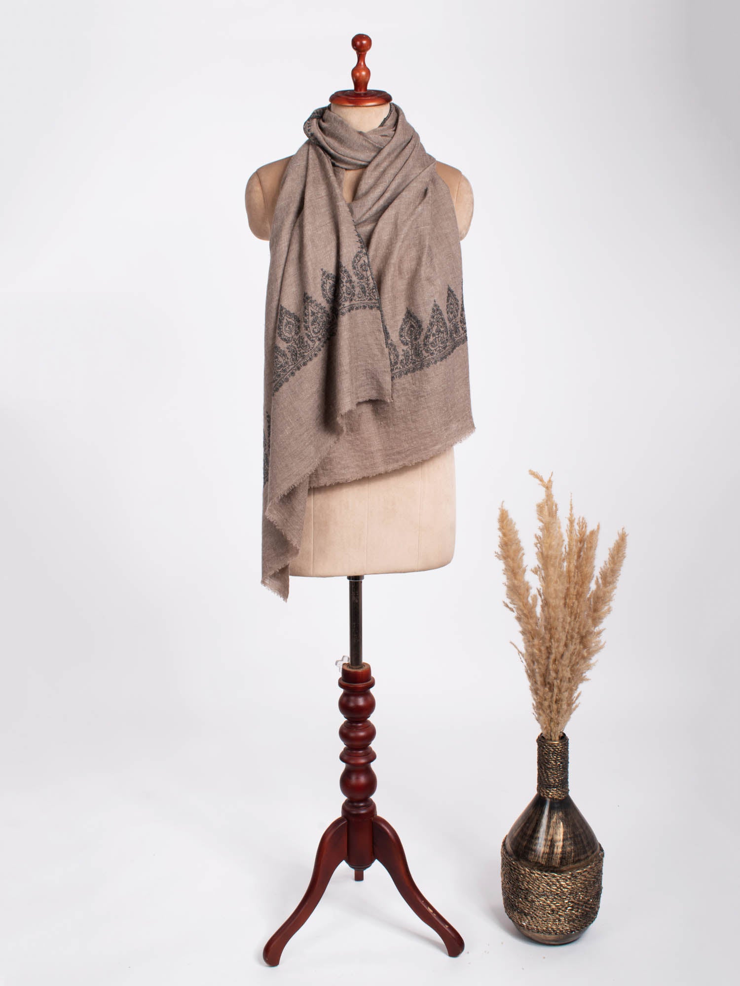 Black Grey Embroidered Cashmere Scarf - STAMFORD