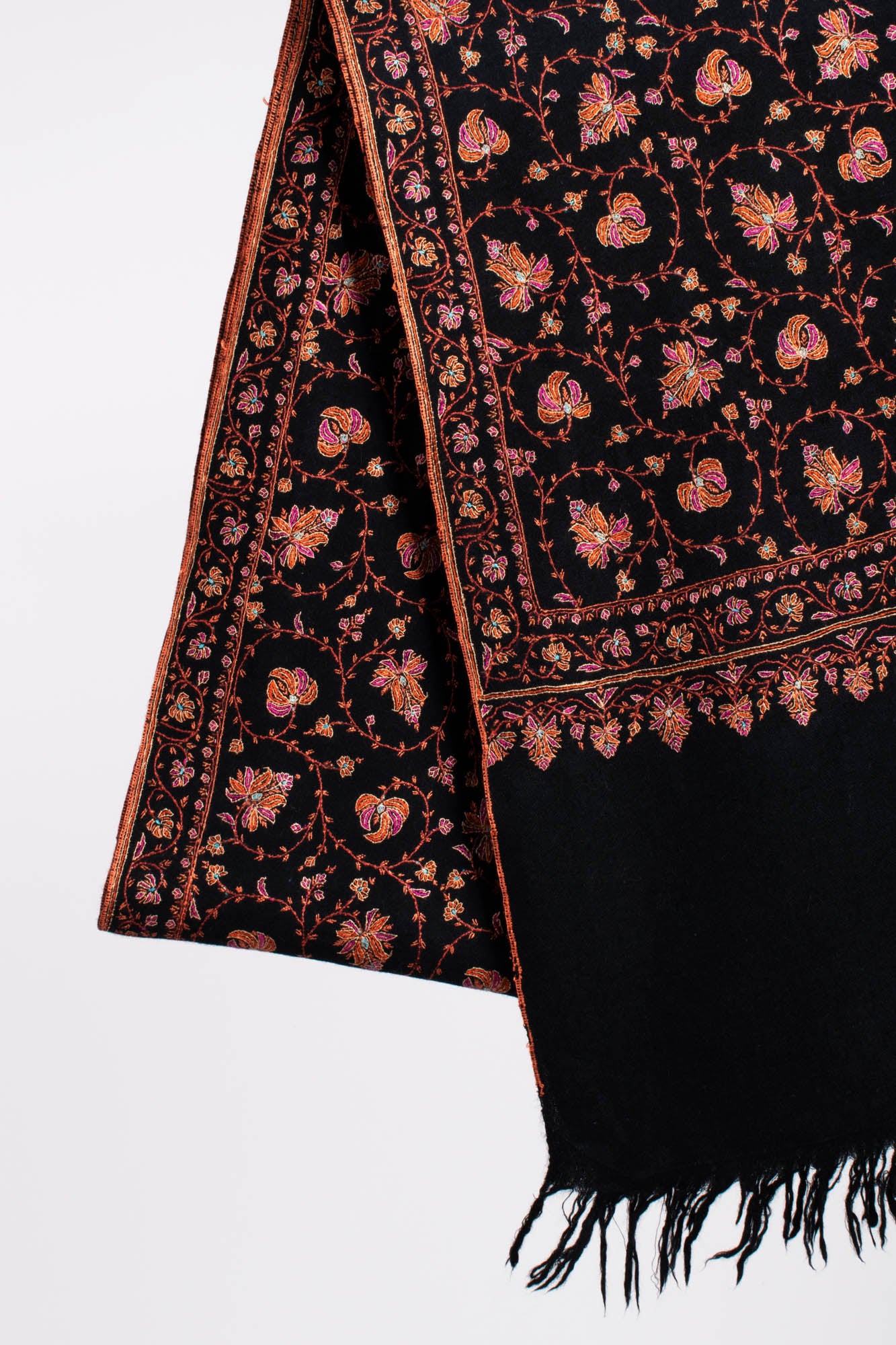 Black Sozni Embroidered Khaki Kaar Pashmina Shawl - WALPI