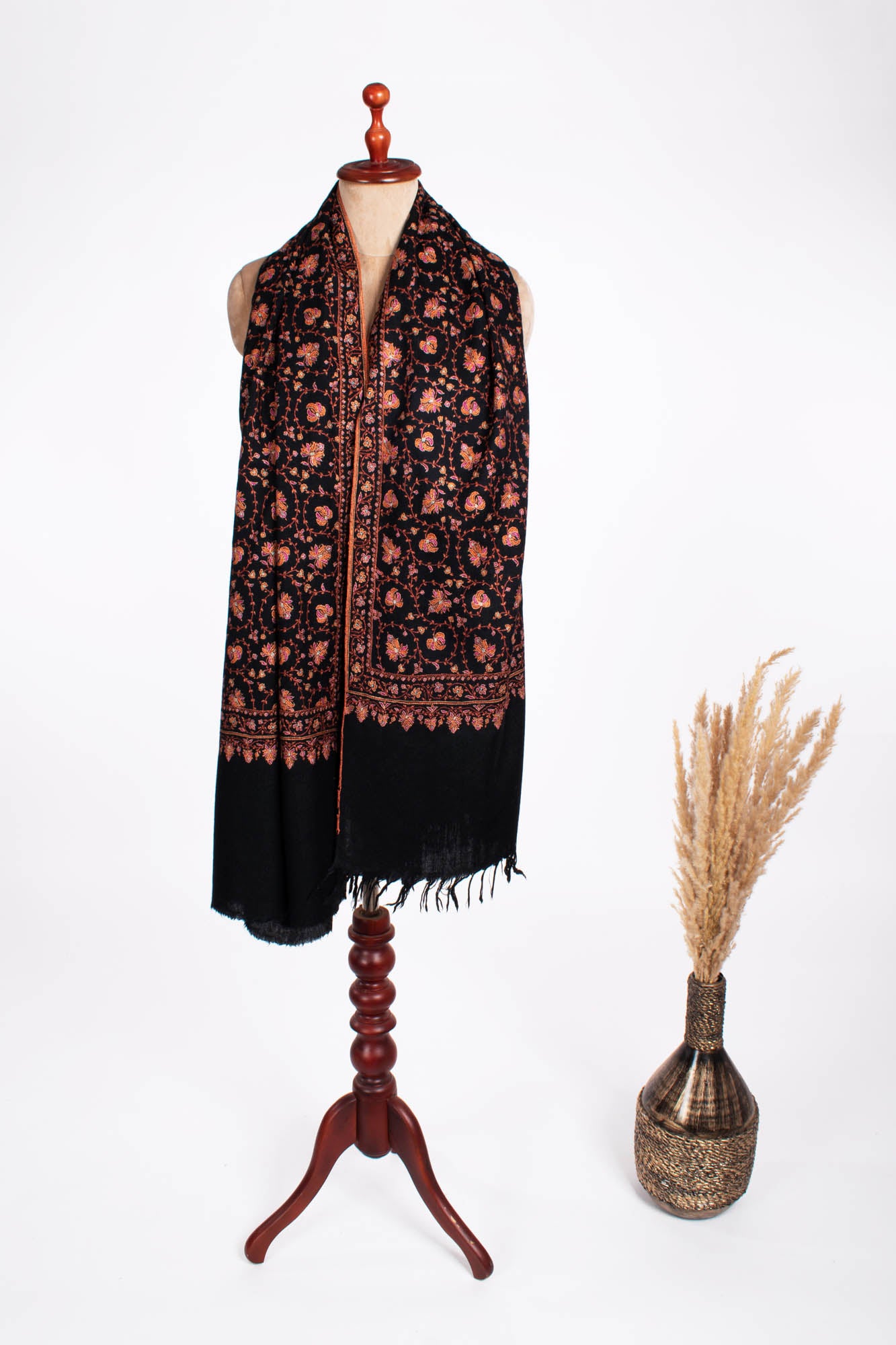 Black Sozni Embroidered Khaki Kaar Pashmina Shawl - WALPI